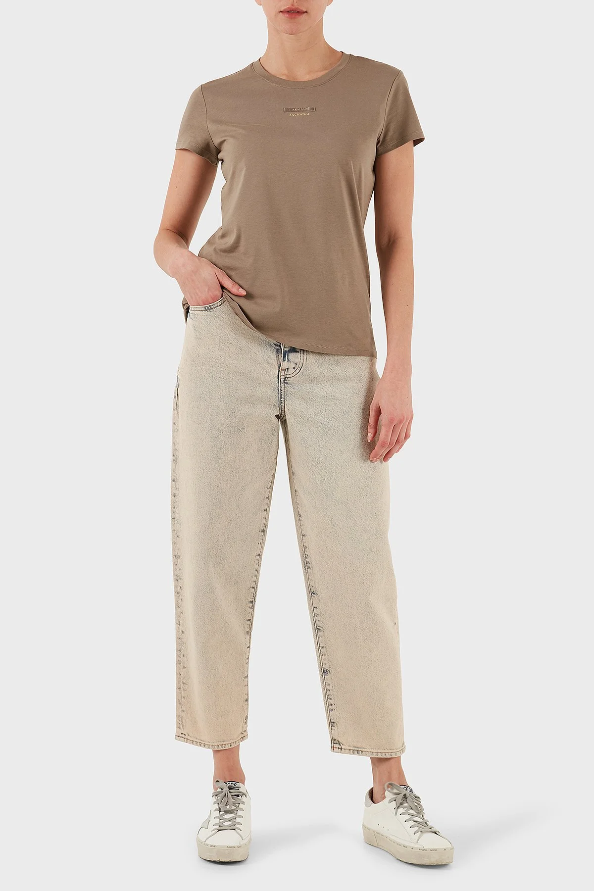 Armani Exchange Pamuklu Tapered Fit Normal Bel Daralan Paça Jeans Bayan Kot Pantolon XW000128 AF14487 MB001 BEJ - 2