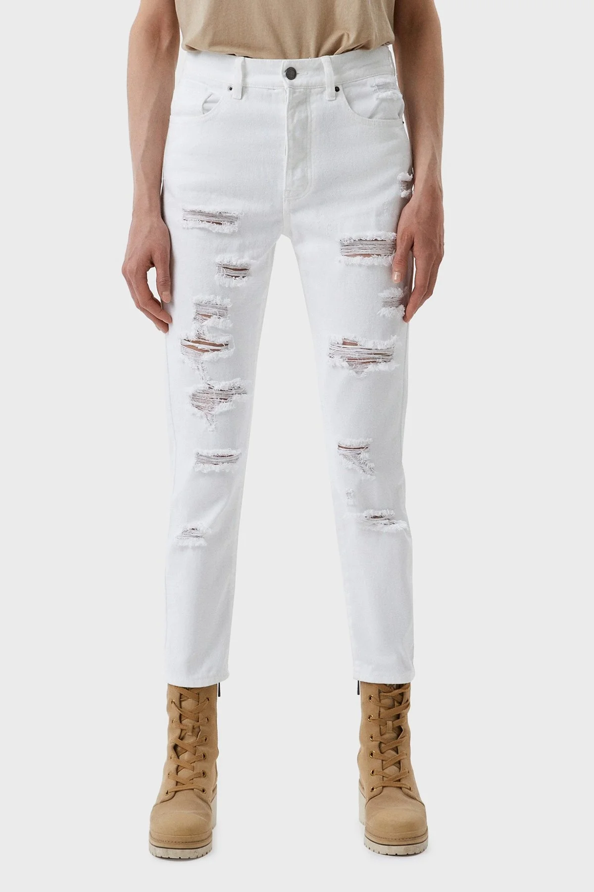 Armani Exchange Pamuklu Yüksek Bel Slim Fit Yırtık Detaylı J51 Jeans Kadın Kot Pantolon 3RYJ51 Y1HRZ 1100 Beyaz - 1