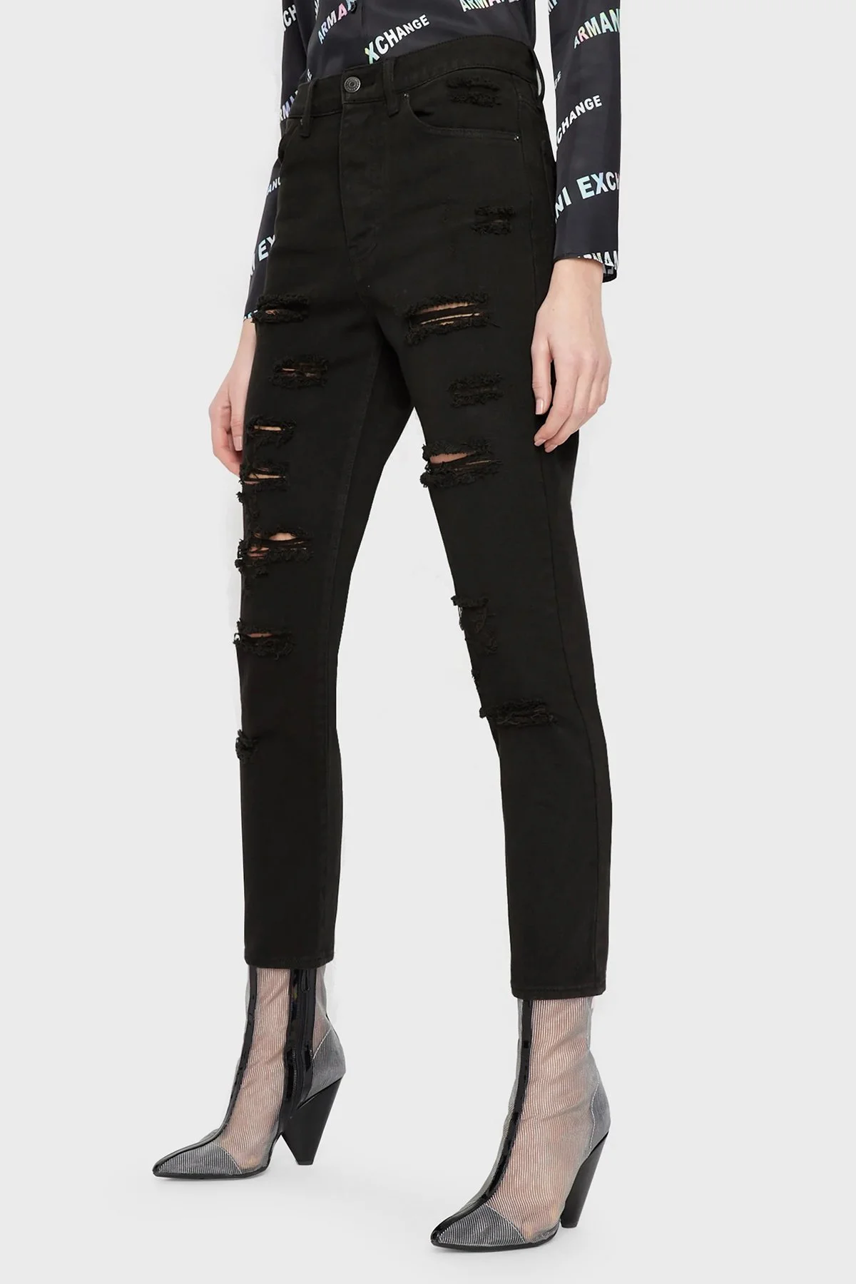 Armani Exchange Pamuklu Yüksel Bel Slim Fit Yırtık Detaylı J51 Jeans Kadın Kot Pantolon 3RYJ51 Y1HRZ 1200 Siyah - 1