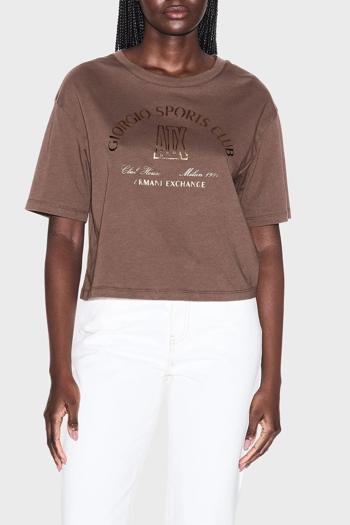 Armani Exchange Printed Cotton Regular Fit Bicycle Neck Crop Women T-Shirt XW002335 AF10356 U6136 Brown - 1