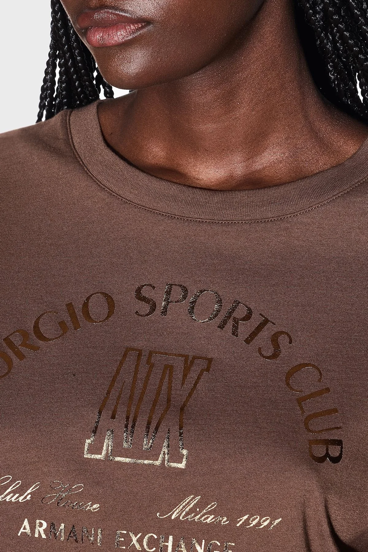 Armani Exchange Printed Cotton Regular Fit Bicycle Neck Crop Women T-Shirt XW002335 AF10356 U6136 Brown - 4