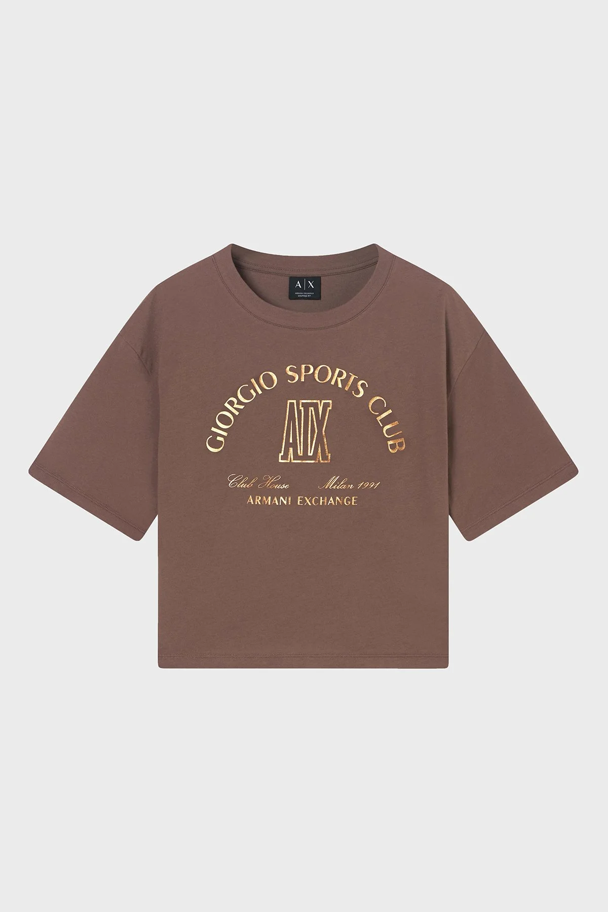 Armani Exchange Printed Cotton Regular Fit Bicycle Neck Crop Women T-Shirt XW002335 AF10356 U6136 Brown - 5