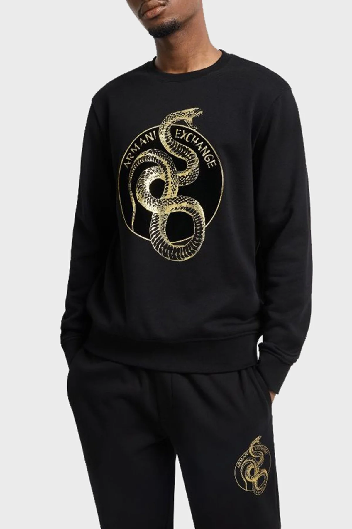 Armani Exchange Printed Cotton Regular Fit Crew Neck Men’s Sweatshirt XM000216 AF10830 UC001 BLACK - 1