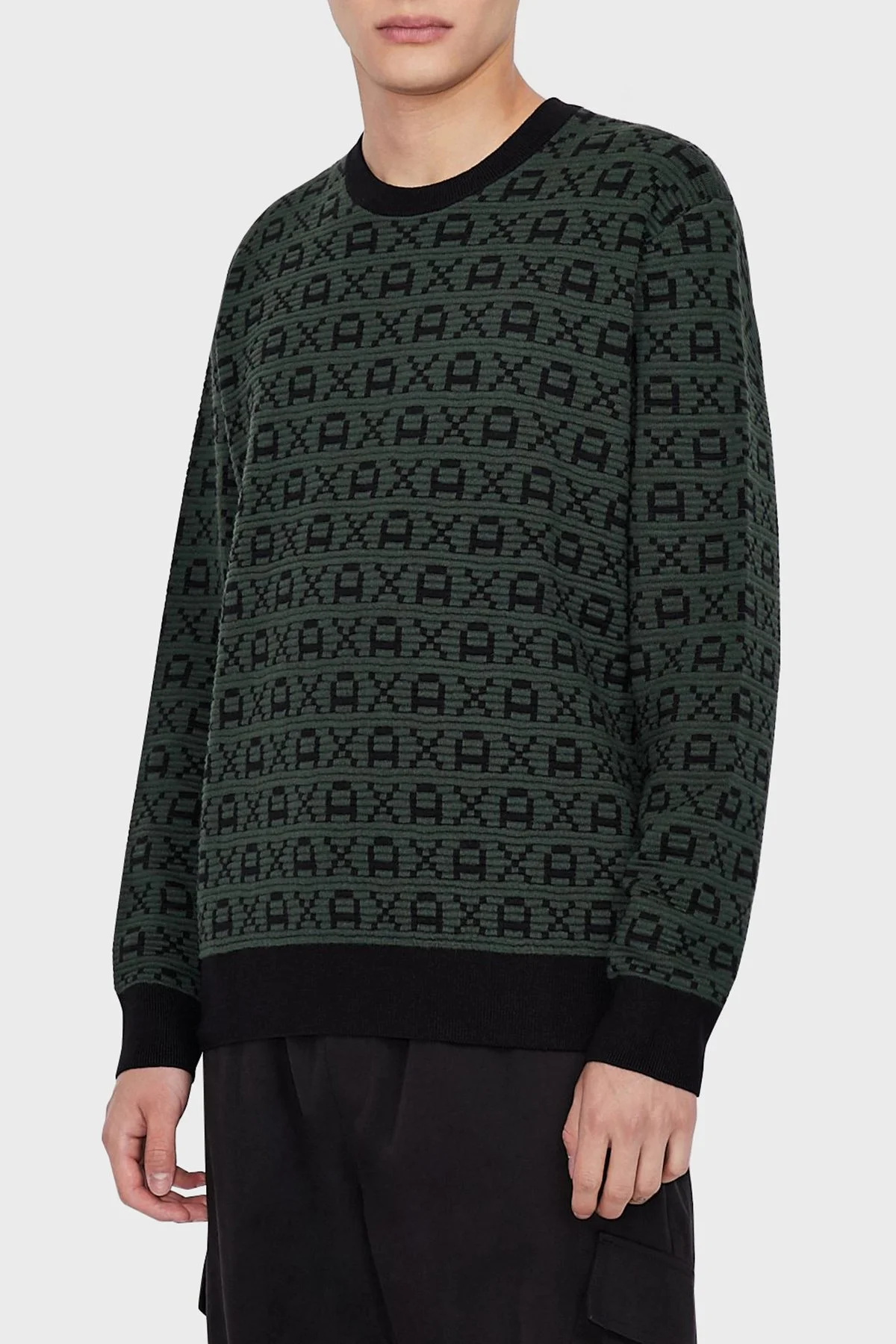 Armani Exchange Printed Crew Neck Regular Fit Men’s Sweater 6KZM1T ZMN4Z 8250 OLIVE-BLACK - 1