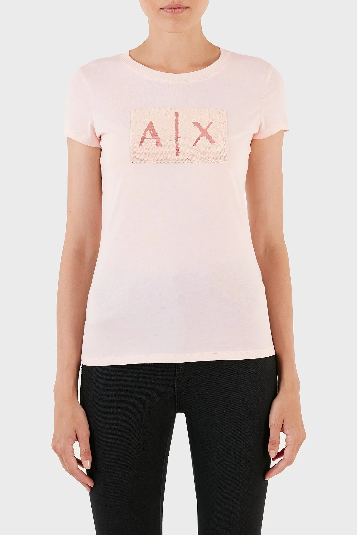 Armani Exchange Pul Payetli Pamuklu Slim Fit Bisiklet Yaka Bayan T Shirt 8NYTDL YJ73Z 14AS AÇIK PEMBE - 1