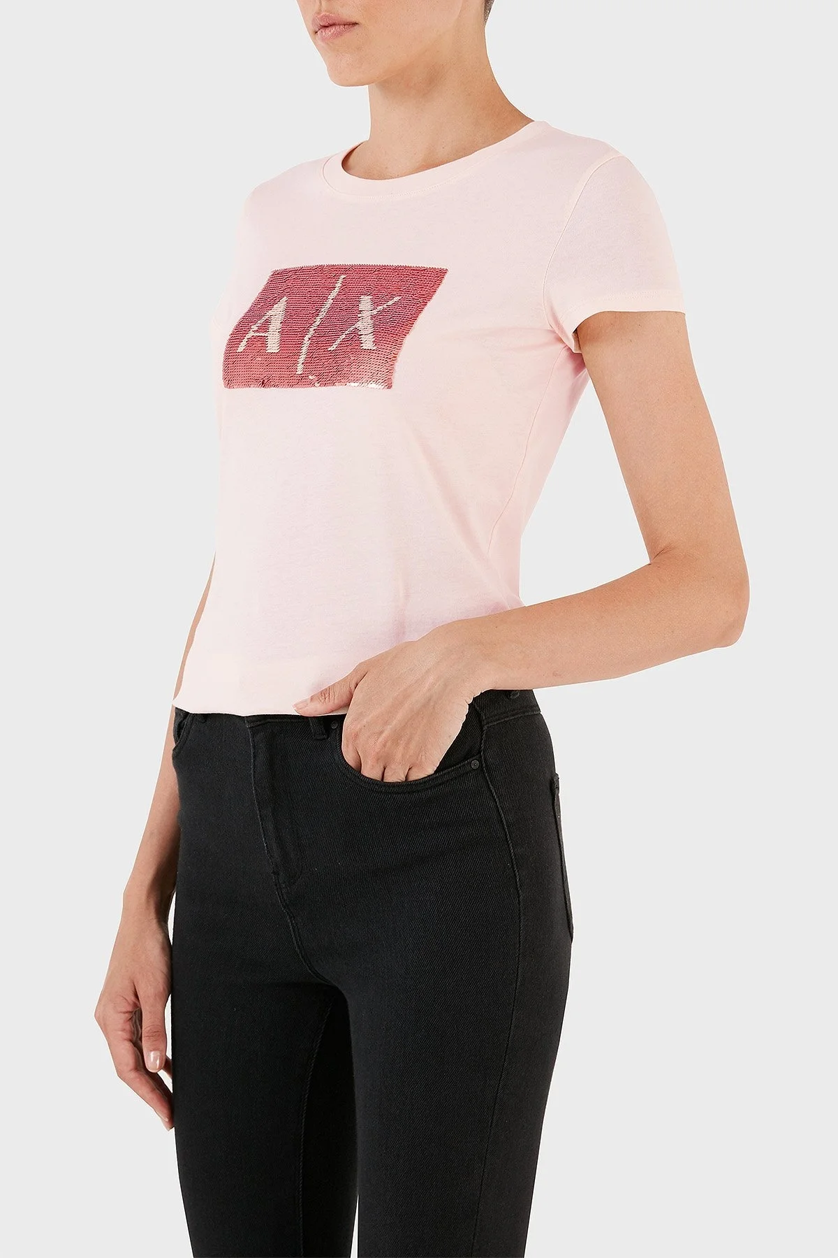 Armani Exchange Pul Payetli Pamuklu Slim Fit Bisiklet Yaka Bayan T Shirt 8NYTDL YJ73Z 14AS AÇIK PEMBE - 2