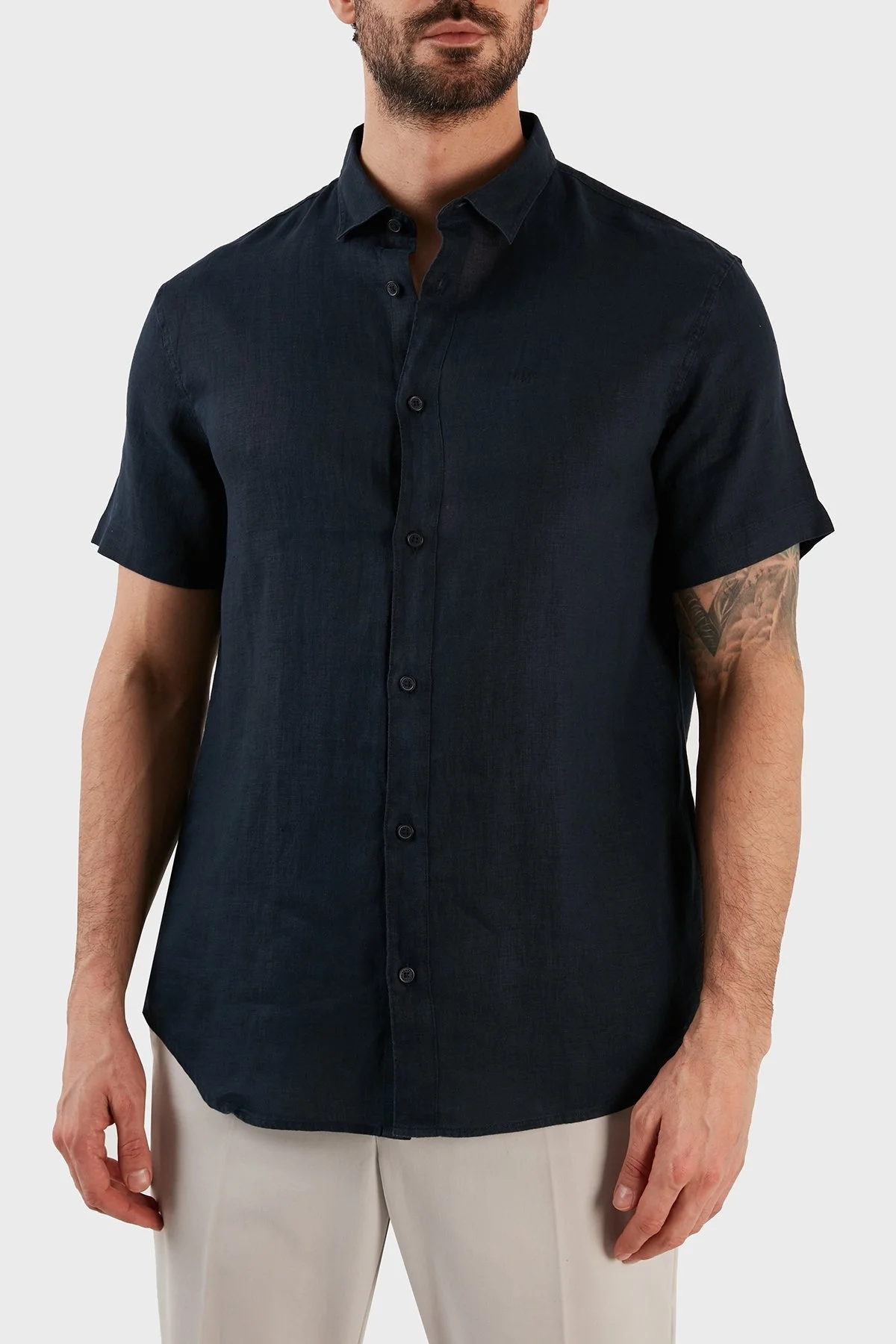Armani Exchange Regular Fit % 100 Keten Kısa Kollu Erkek Gömlek 8NZC67 ZNCFZ 1510 LACİVERT - 5