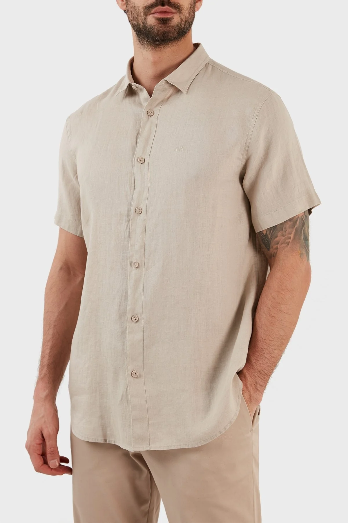 Armani Exchange Regular Fit % 100 Keten Kısa Kollu Erkek Gömlek 8NZC67 ZNCFZ 1724 BEJ - 1
