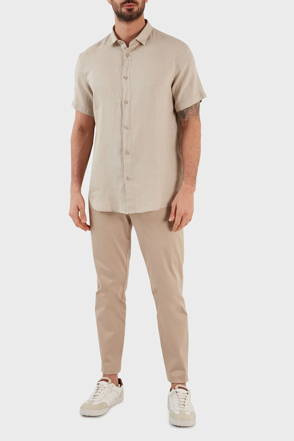 Armani Exchange Regular Fit % 100 Keten Kısa Kollu Erkek Gömlek 8NZC67 ZNCFZ 1724 BEJ - 2