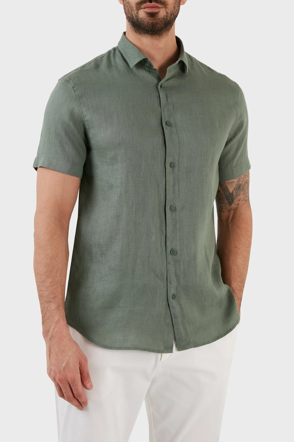 Armani Exchange Regular Fit % 100 Keten Kısa Kollu Erkek Gömlek 8NZC67 ZNCFZ 1881 YEŞİL - 1