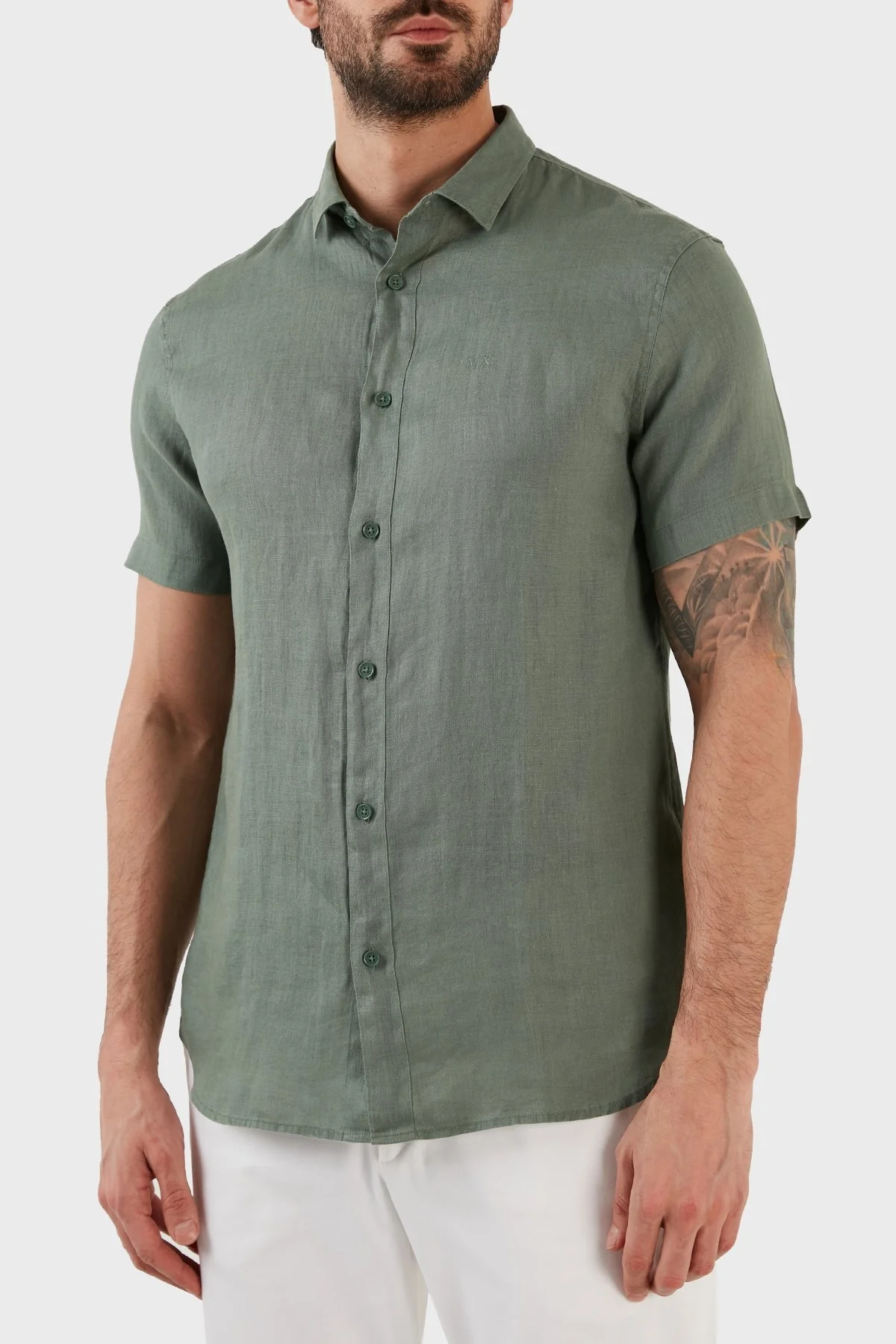Armani Exchange Regular Fit % 100 Keten Kısa Kollu Erkek Gömlek 8NZC67 ZNCFZ 1881 YEŞİL - 3