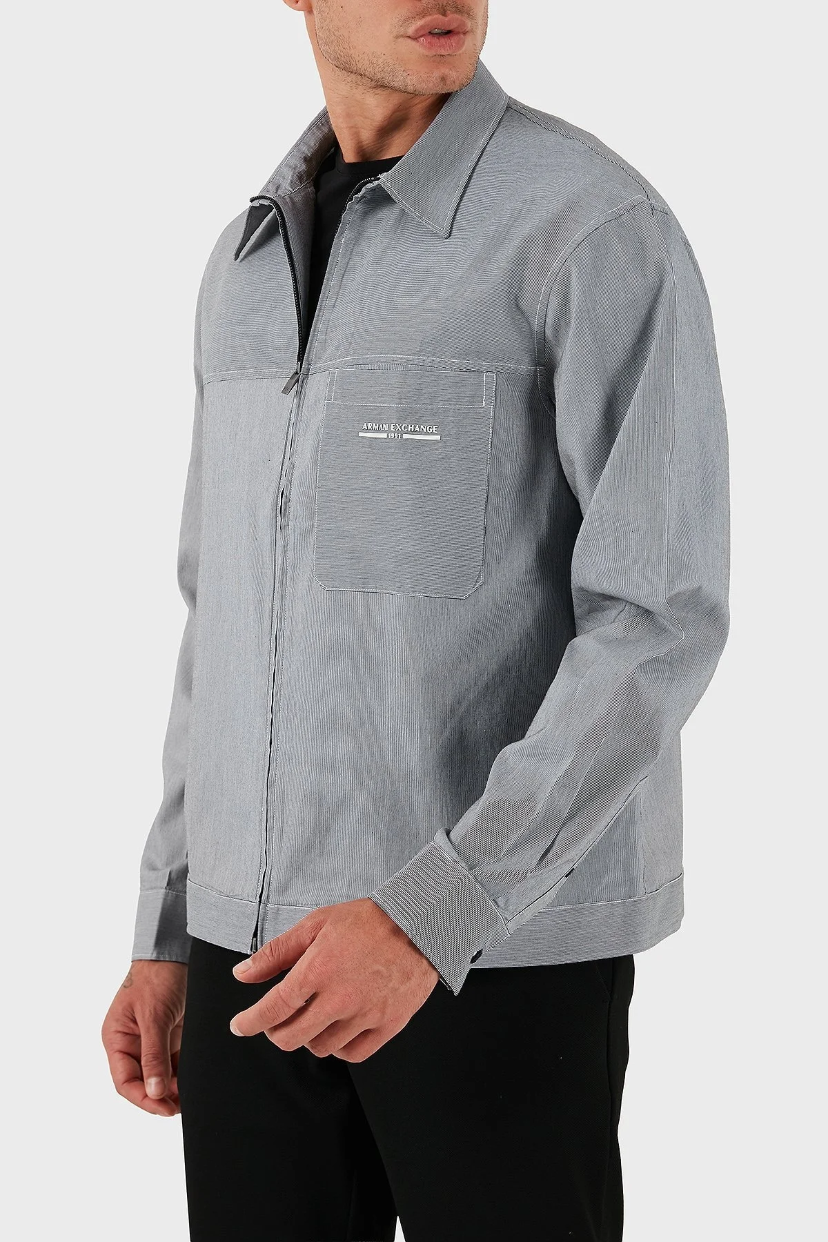 Armani Exchange Regular Fit Ceket Yaka Fermuarlı Logolu Erkek Gömlek Ceket XM000956 AF10256 FB078 LACİVERT-BEYAZ - 7