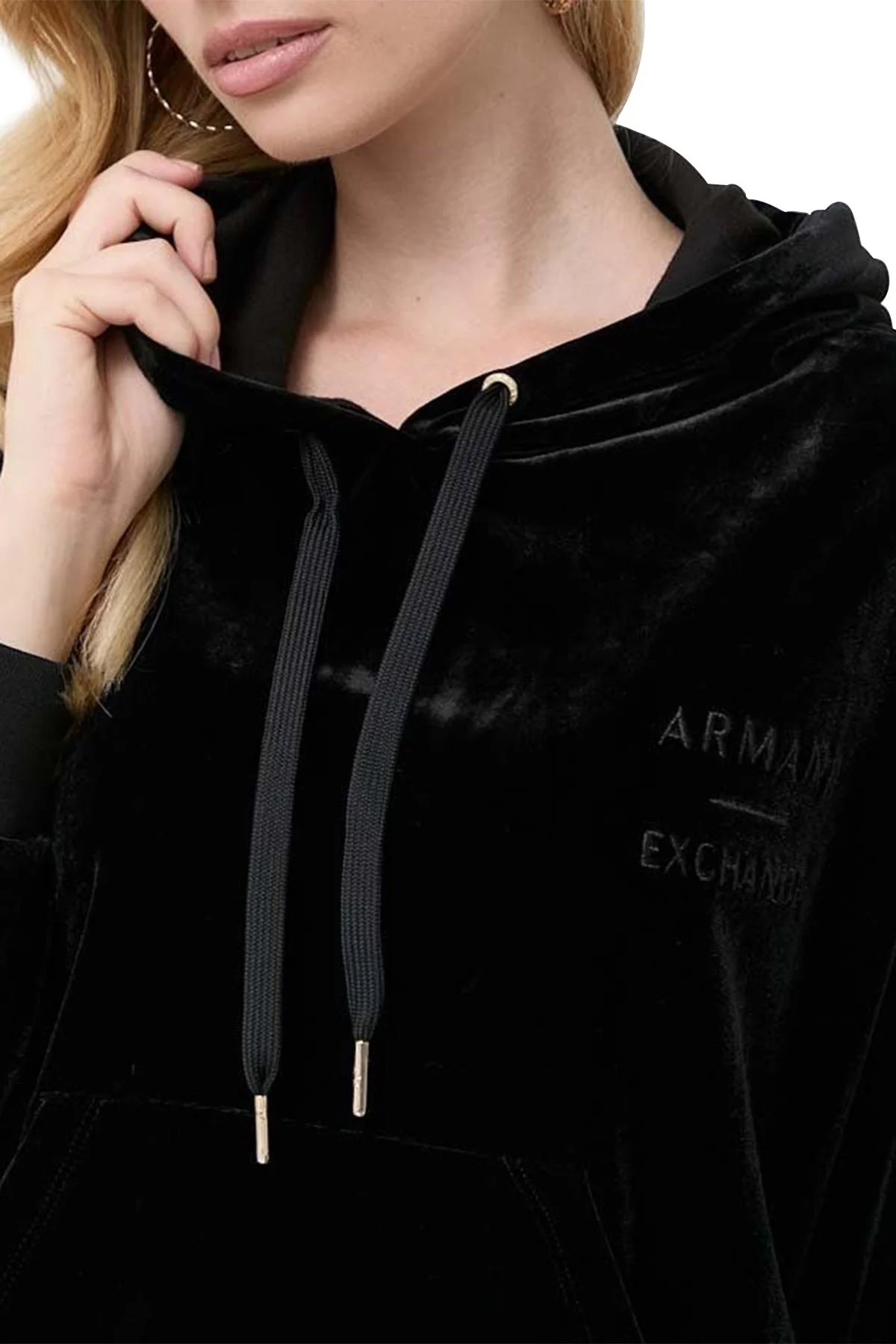 Armani Exchange Regular Fit Kanguru Cepli Kapüşonlu Kadife Kadın Sweat 6RYM45 YJ9WZ 1200 SİYAH - 4