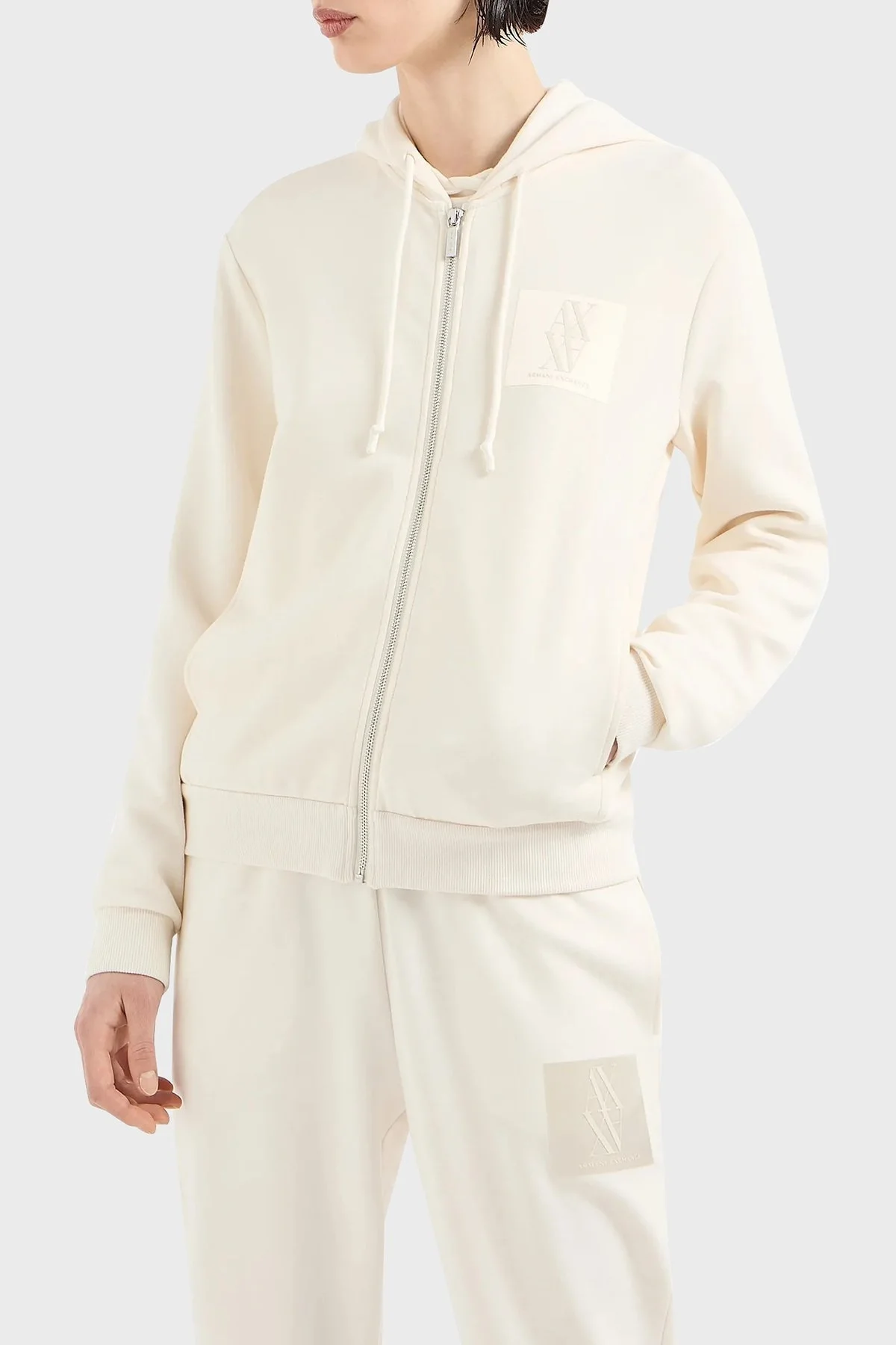 Armani Exchange Regular Fit Kapüşonlu Yaka Streç Pamuklu Bayan Sweat 6DYM79 YJEGZ 1130 EKRU - 1