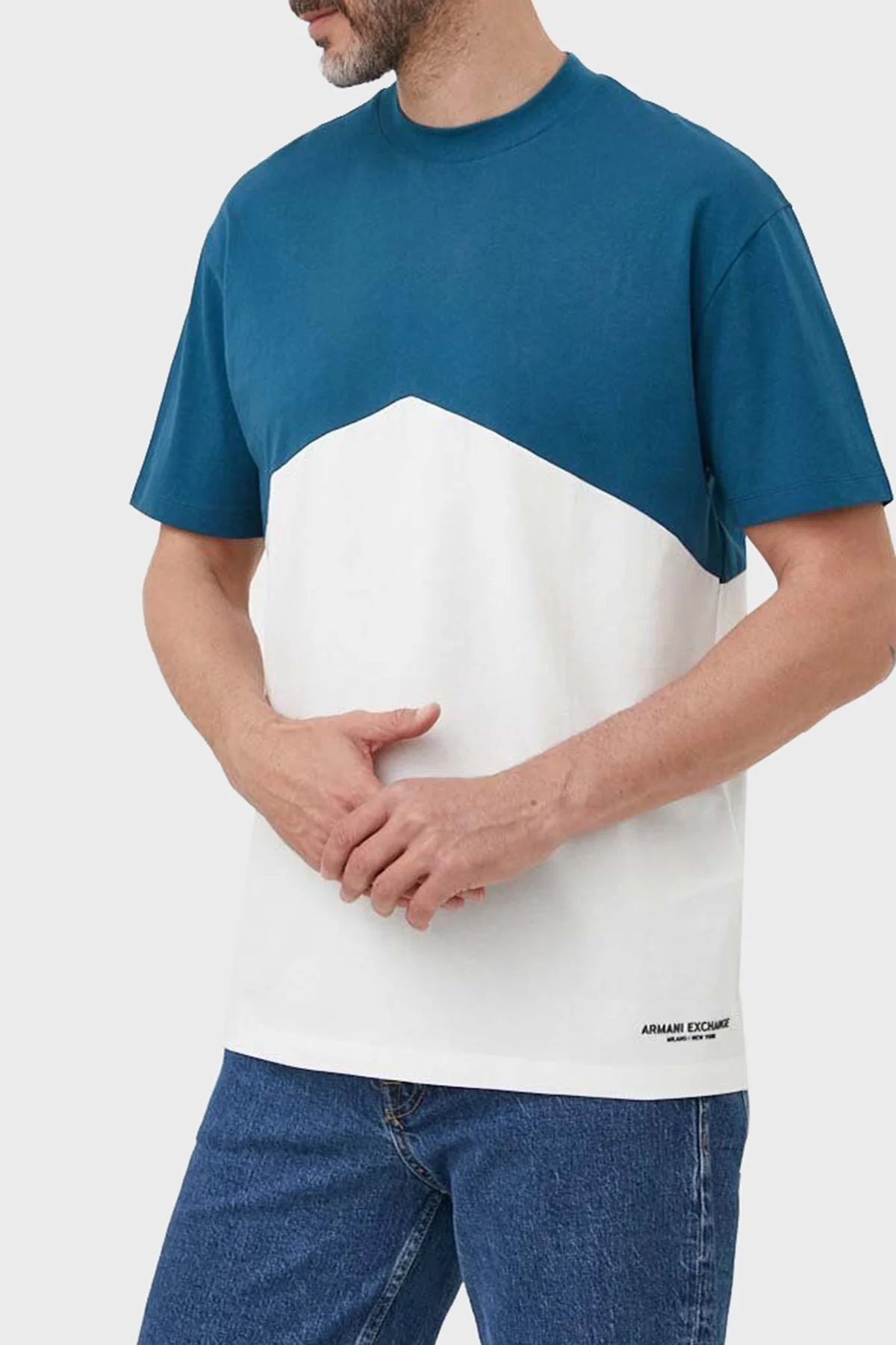 Armani Exchange Renk Bloklu % 100 Pamuk Regular Fit Sıfır Yaka Erkek T Shirt 6RZMLC ZJ9JZ 21CN LACİVERT-BEYAZ - 1
