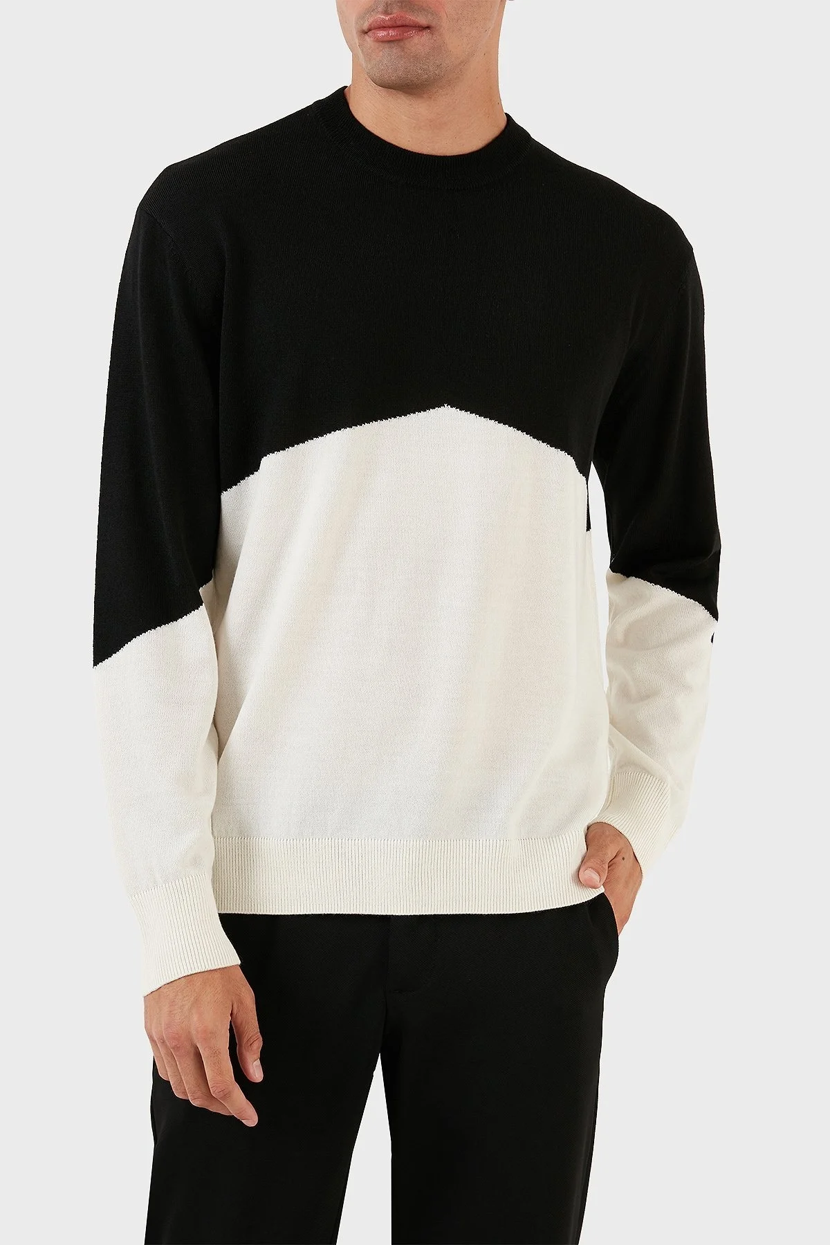 Armani Exchange Renk Bloklu Bisiklet Yaka Yün Karışımlı Regular Fit Erkek Kazak 6RZM6B ZMM9Z 22CG SİYAH-BEYAZ - 3