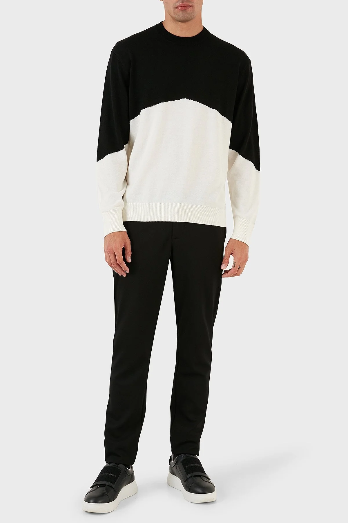 Armani Exchange Renk Bloklu Bisiklet Yaka Yün Karışımlı Regular Fit Erkek Kazak 6RZM6B ZMM9Z 22CG SİYAH-BEYAZ - 4