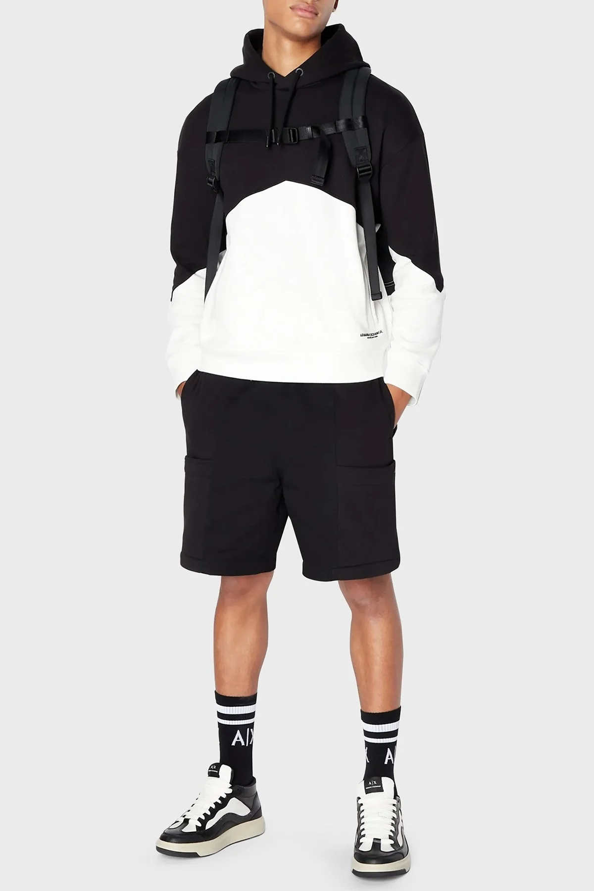 Armani Exchange Renk Bloklu Kapüşonlu % 100 Pamuklu Regular Fit Erkek Sweat 6RZMLB ZJ4XZ 22CG SİYAH-BEYAZ - 4