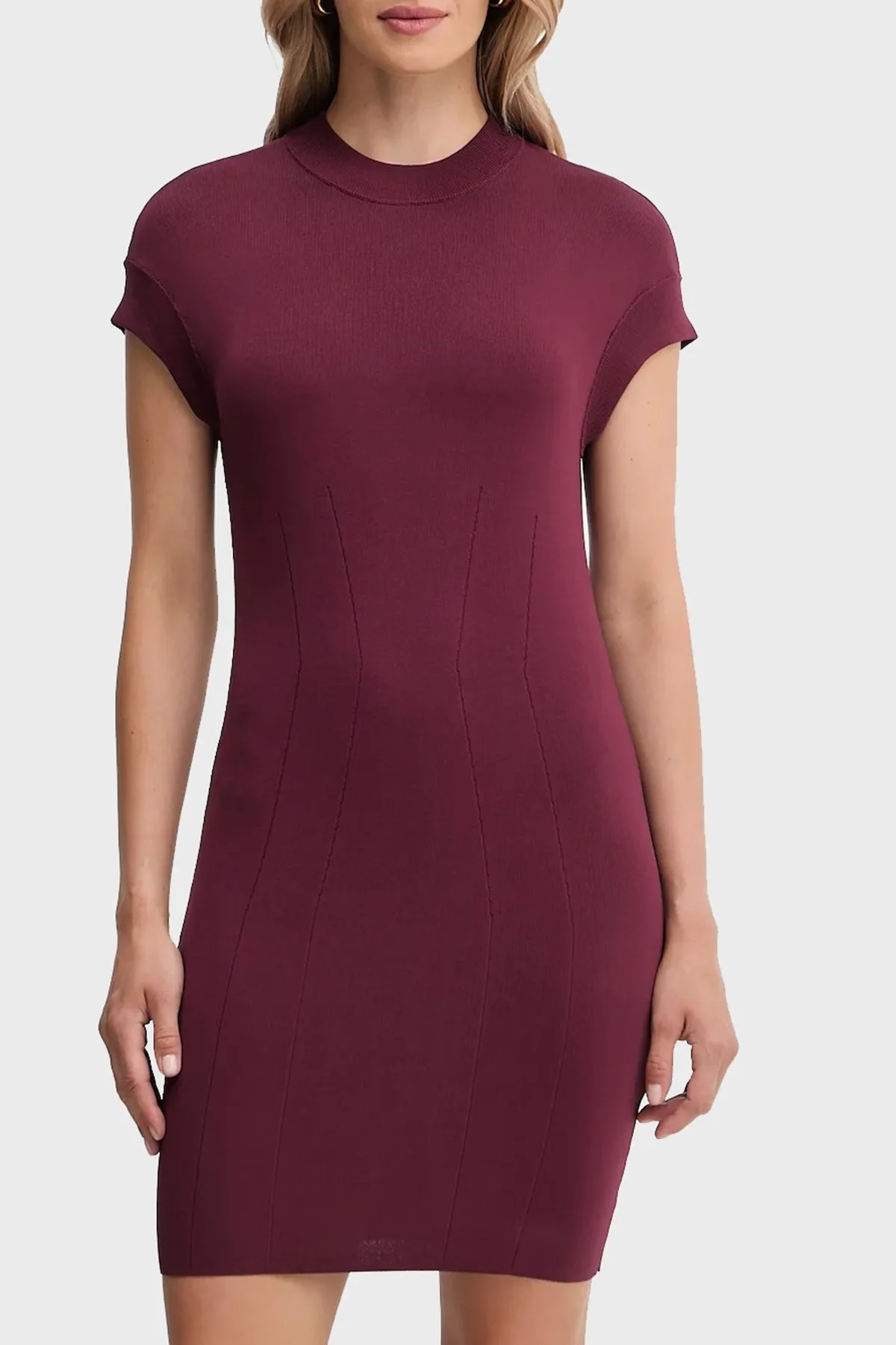 Armani Exchange Slim Fit Bisiklet Yaka Kısa Kollu Mini Bayan Elbise XW000764 AF10352 UA343 BORDO - 1