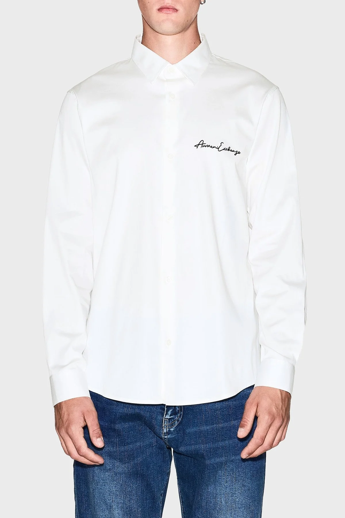 Armani Exchange Streç Pamuklu Logo İşlemeli Regular Fit Kent Yaka Erkek Gömlek XM001224 AF10192 U0009 BEYAZ - 1