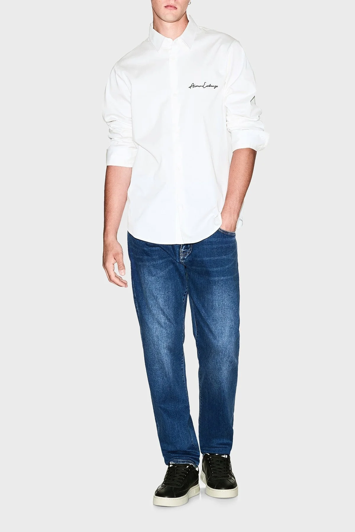 Armani Exchange Streç Pamuklu Logo İşlemeli Regular Fit Kent Yaka Erkek Gömlek XM001224 AF10192 U0009 BEYAZ - 2