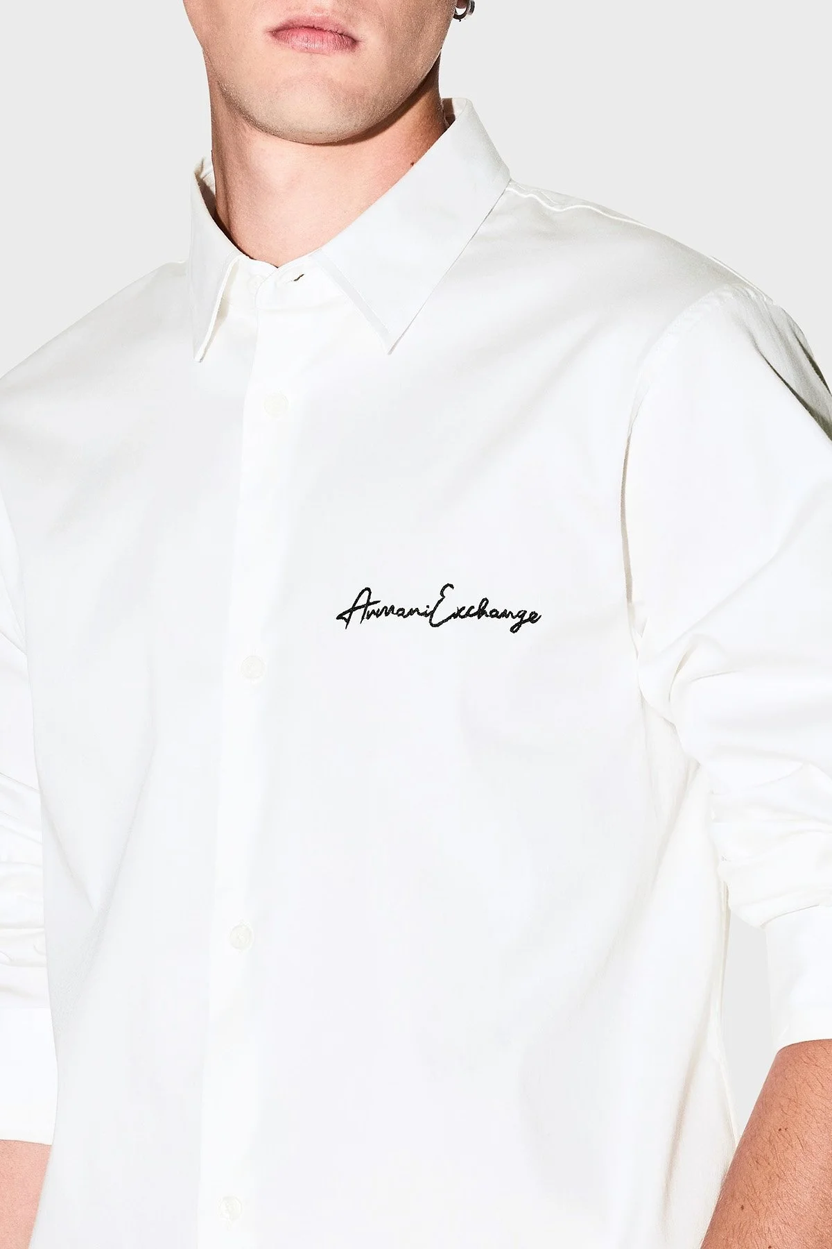 Armani Exchange Streç Pamuklu Logo İşlemeli Regular Fit Kent Yaka Erkek Gömlek XM001224 AF10192 U0009 BEYAZ - 4