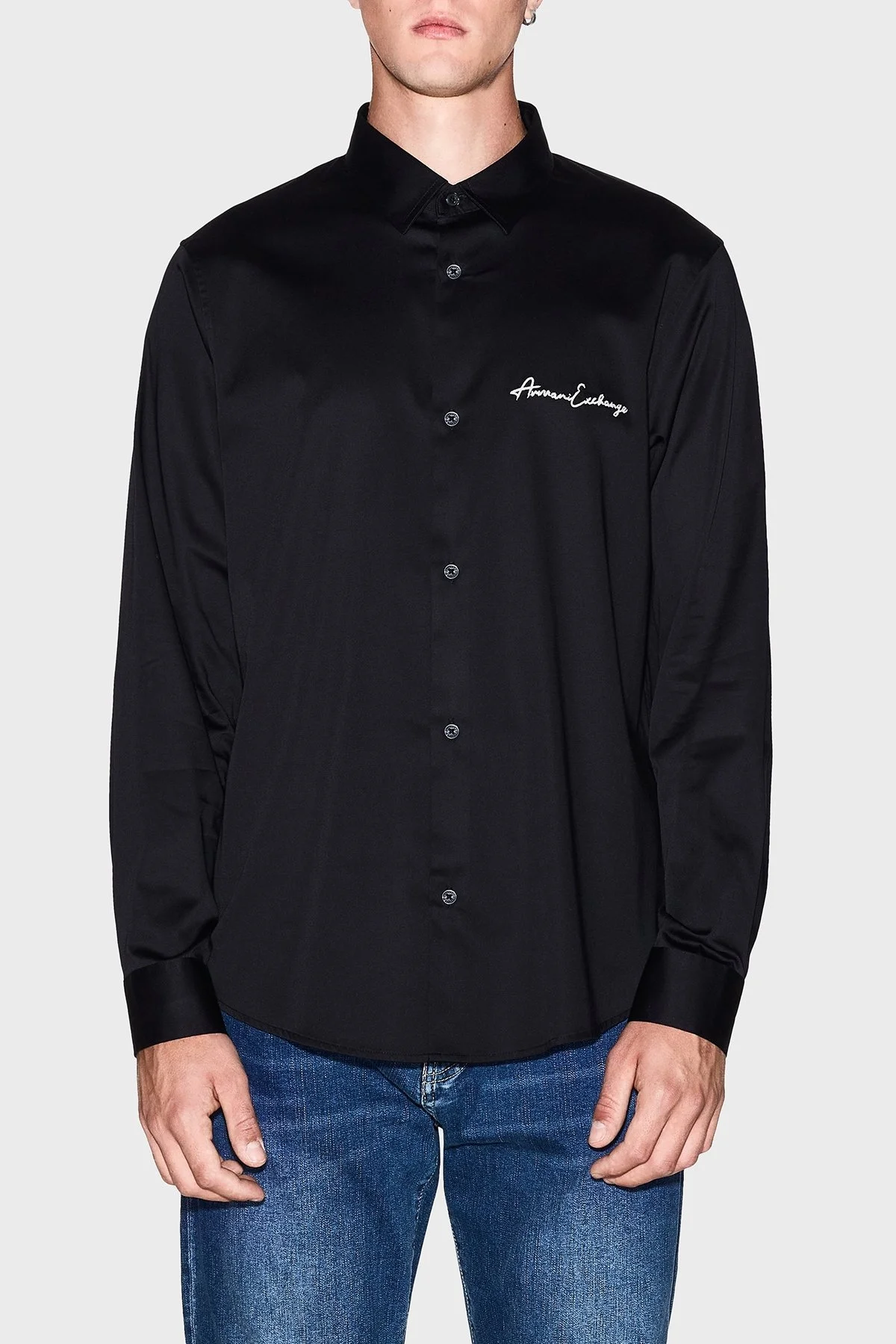 Armani Exchange Streç Pamuklu Logo İşlemeli Regular Fit Kent Yaka Erkek Gömlek XM001224 AF10192 UC001 SİYAH - 1