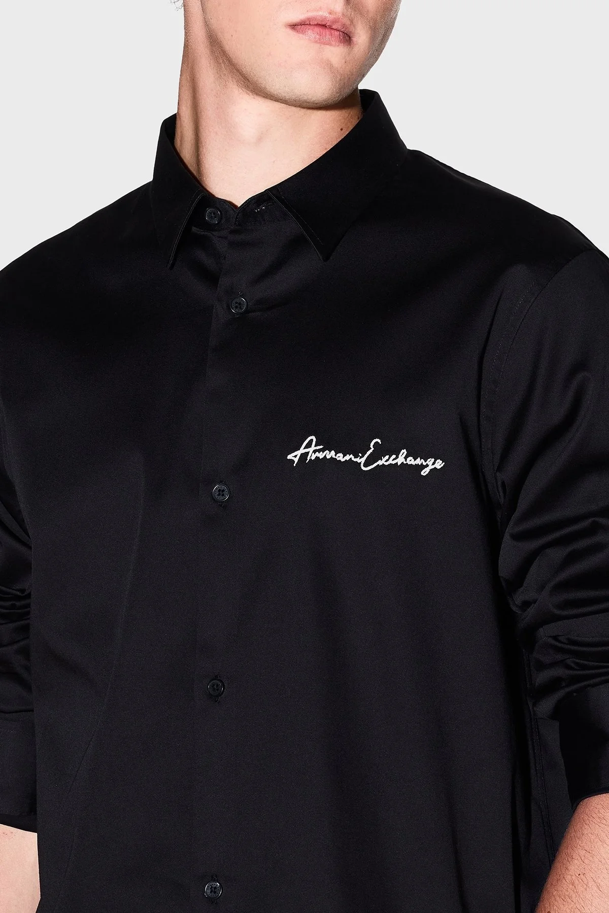 Armani Exchange Streç Pamuklu Logo İşlemeli Regular Fit Kent Yaka Erkek Gömlek XM001224 AF10192 UC001 SİYAH - 4