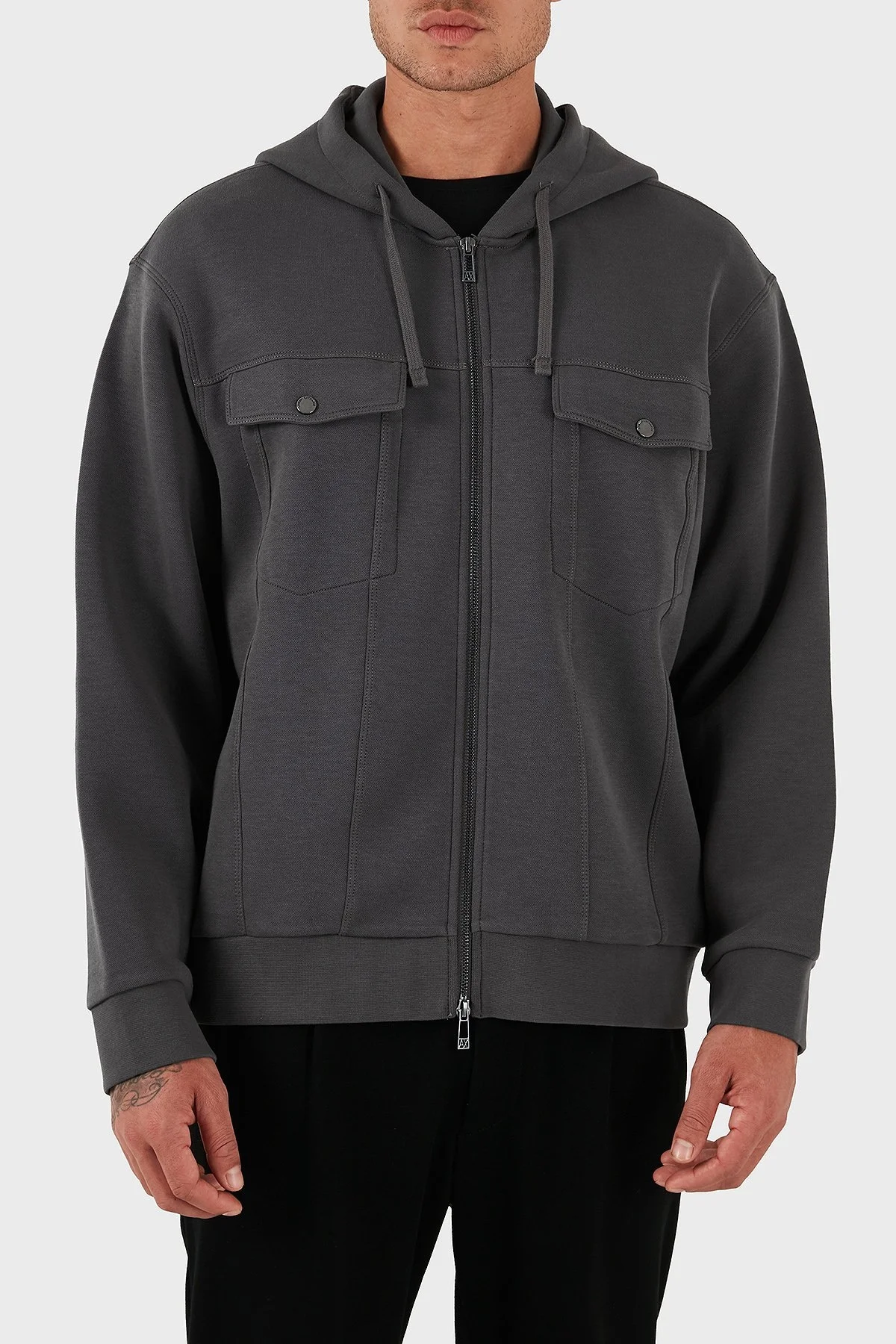 Armani Exchange Streç Pamuklu Relaxed Fit Kapüşonlu Erkek Sweat XM000967 AF16222 U8107 GRİ - 4