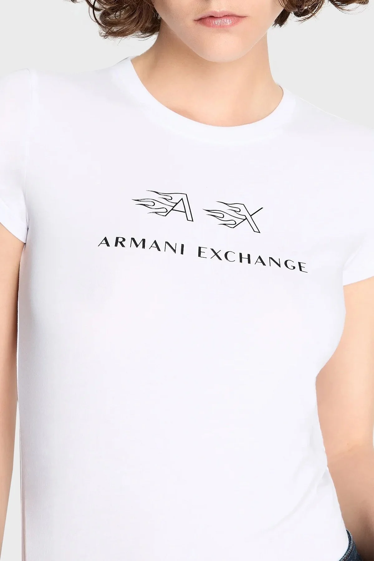 Armani Exchange Streç Pamuklu Slim Fit Bisiklet Yaka Bayan T Shirt 6RYT22 YJC7Z 1000 BEYAZ - 1