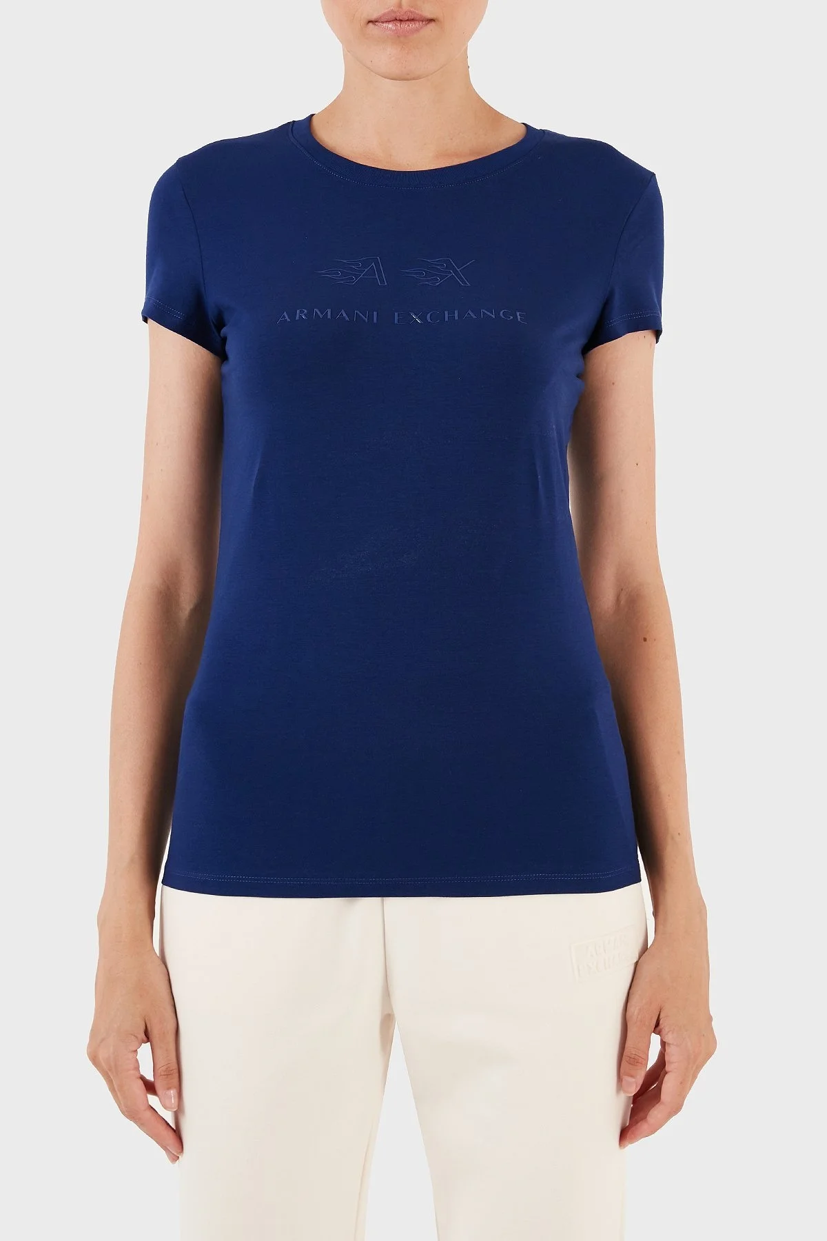 Armani Exchange Streç Pamuklu Slim Fit Bisiklet Yaka Bayan T Shirt 6RYT22 YJC7Z 25EL MAVİ - 1