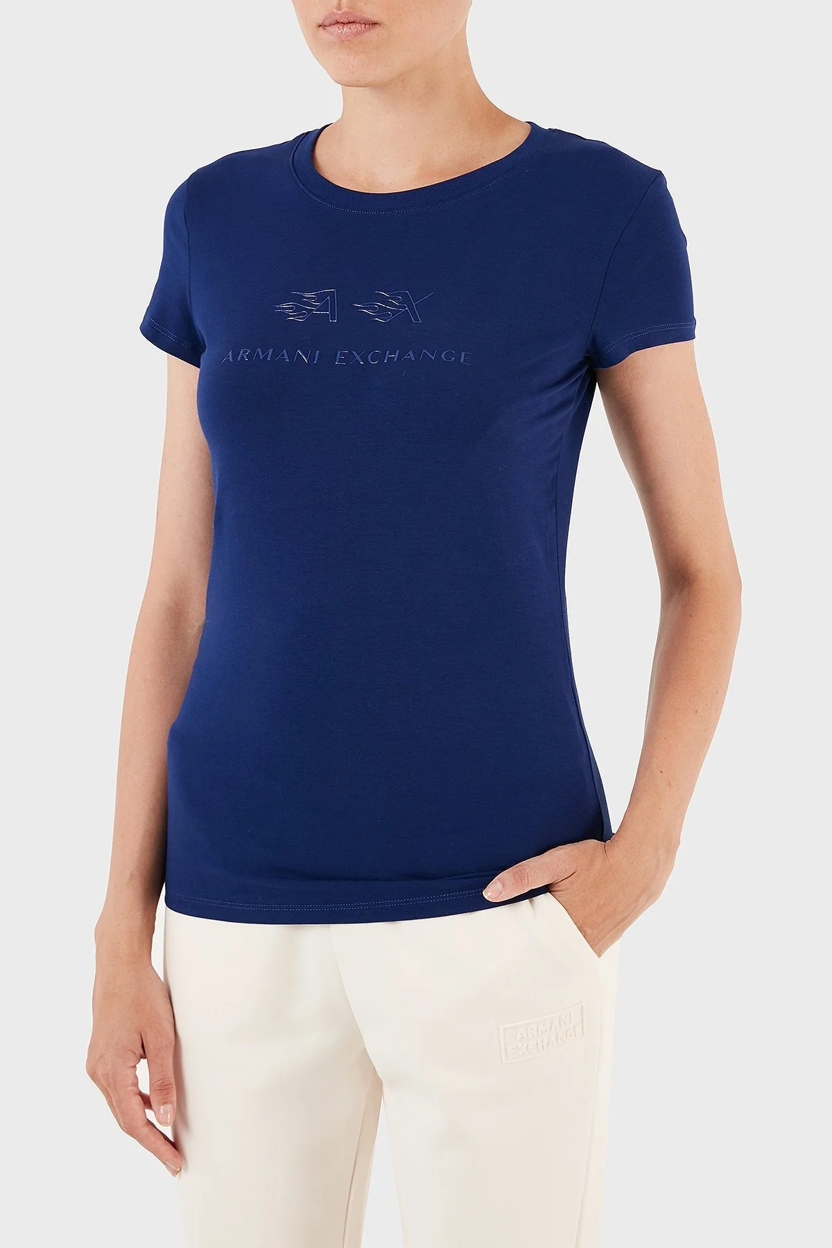 Armani Exchange Streç Pamuklu Slim Fit Bisiklet Yaka Bayan T Shirt 6RYT22 YJC7Z 25EL MAVİ - 3