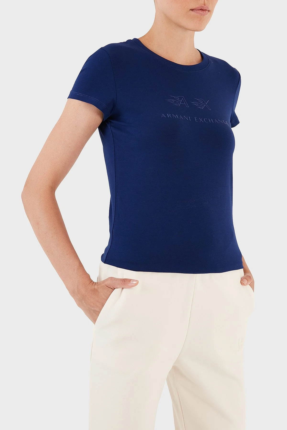 Armani Exchange Streç Pamuklu Slim Fit Bisiklet Yaka Bayan T Shirt 6RYT22 YJC7Z 25EL MAVİ - 4