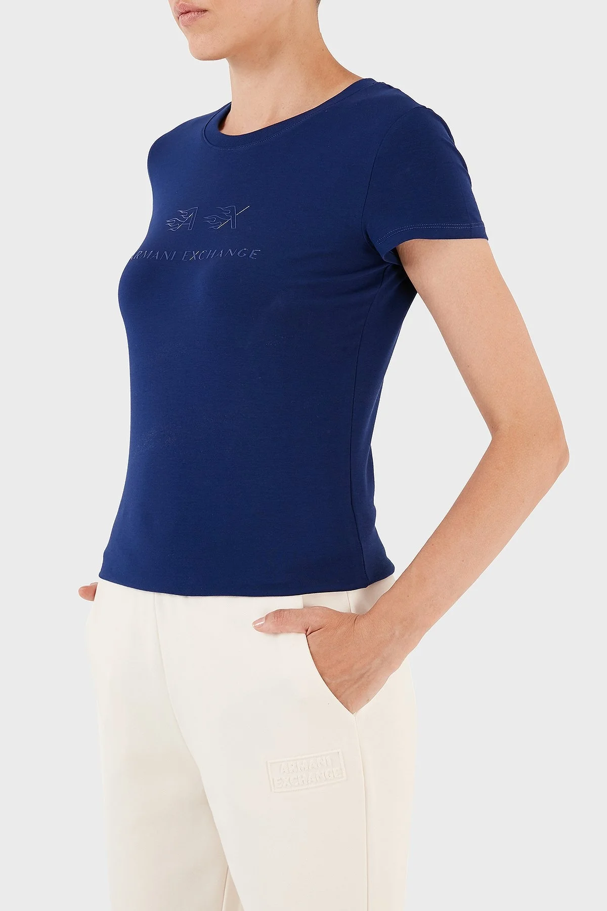 Armani Exchange Streç Pamuklu Slim Fit Bisiklet Yaka Bayan T Shirt 6RYT22 YJC7Z 25EL MAVİ - 6