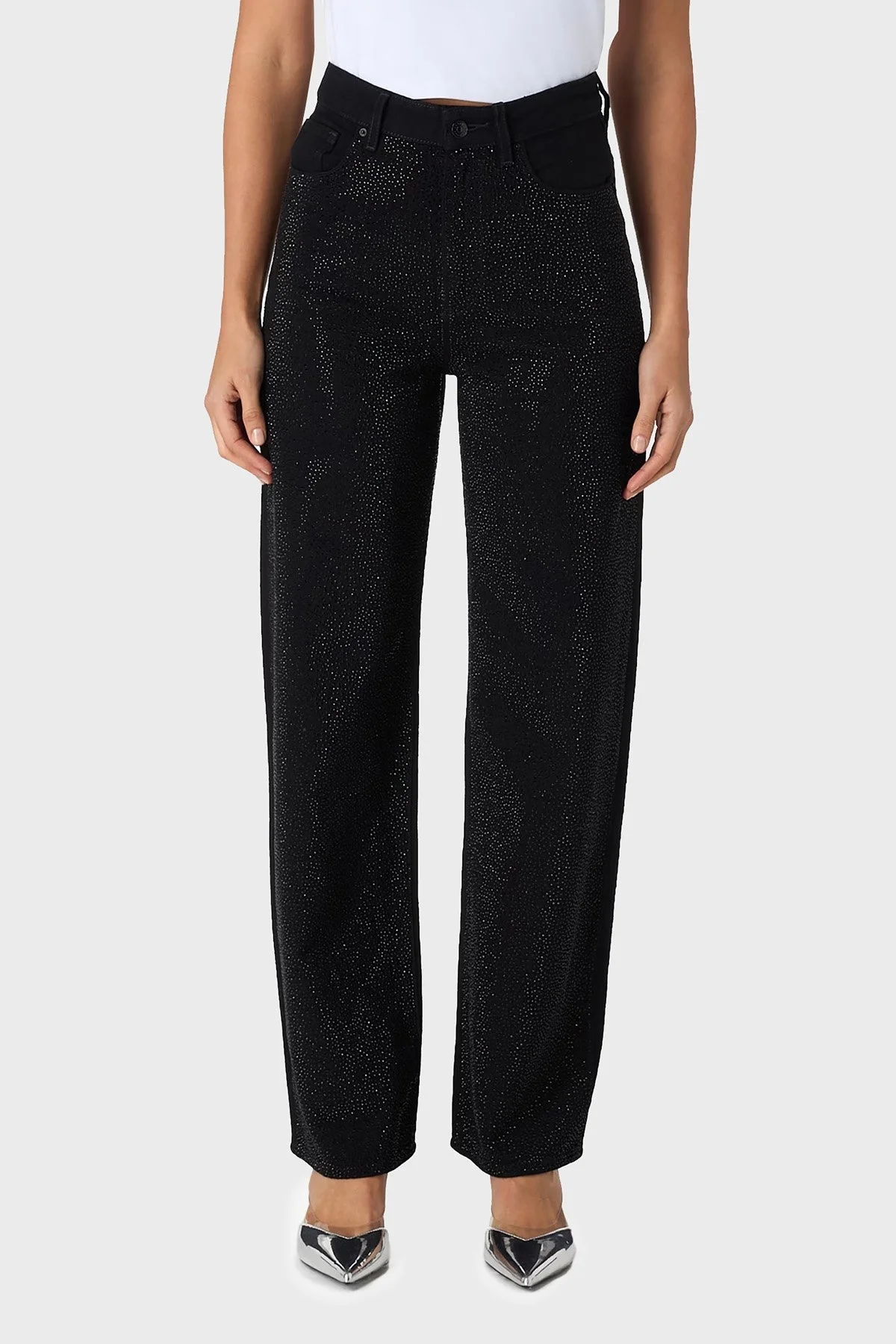 Armani Exchange Taşlı % 100 Pamuk Relaxed Fit Yüksek Bel Geniş Paça Jeans Bayan Kot Pantolon 6DYJ38 Y19QZ 0204 SİYAH - 1