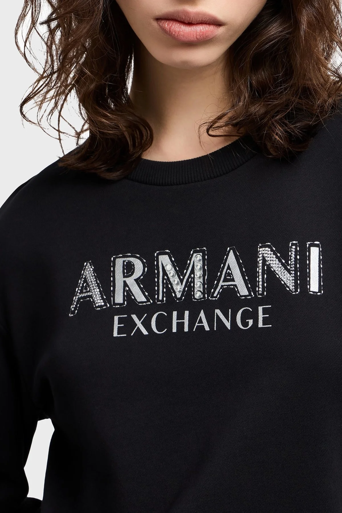 Armani Exchange Taşlı Logo % 100 Pamuk Regular Fit Bayan Sweat XW000159 AF11851 UC001 SİYAH - 9