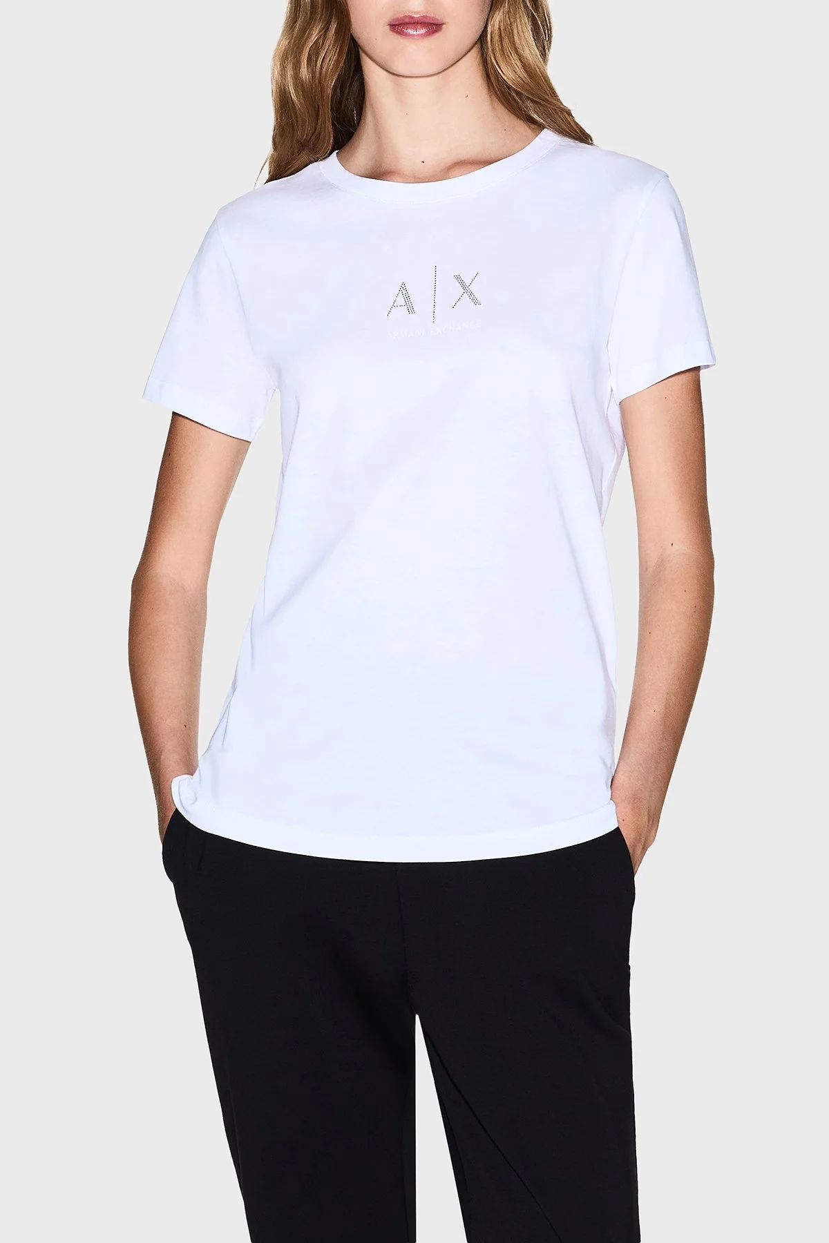 Armani Exchange Taşlı Logo Detaylı Pamuklu Regular Fit Bisiklet Yaka Kadın T Shirt XW001459 AF10356 U0002 Beyaz - 1