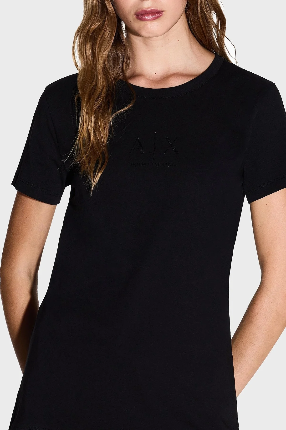 Armani Exchange Taşlı Logo Detaylı Pamuklu Regular Fit Bisiklet Yaka Bayan T Shirt XW001459 AF10356 UC001 SİYAH - 4