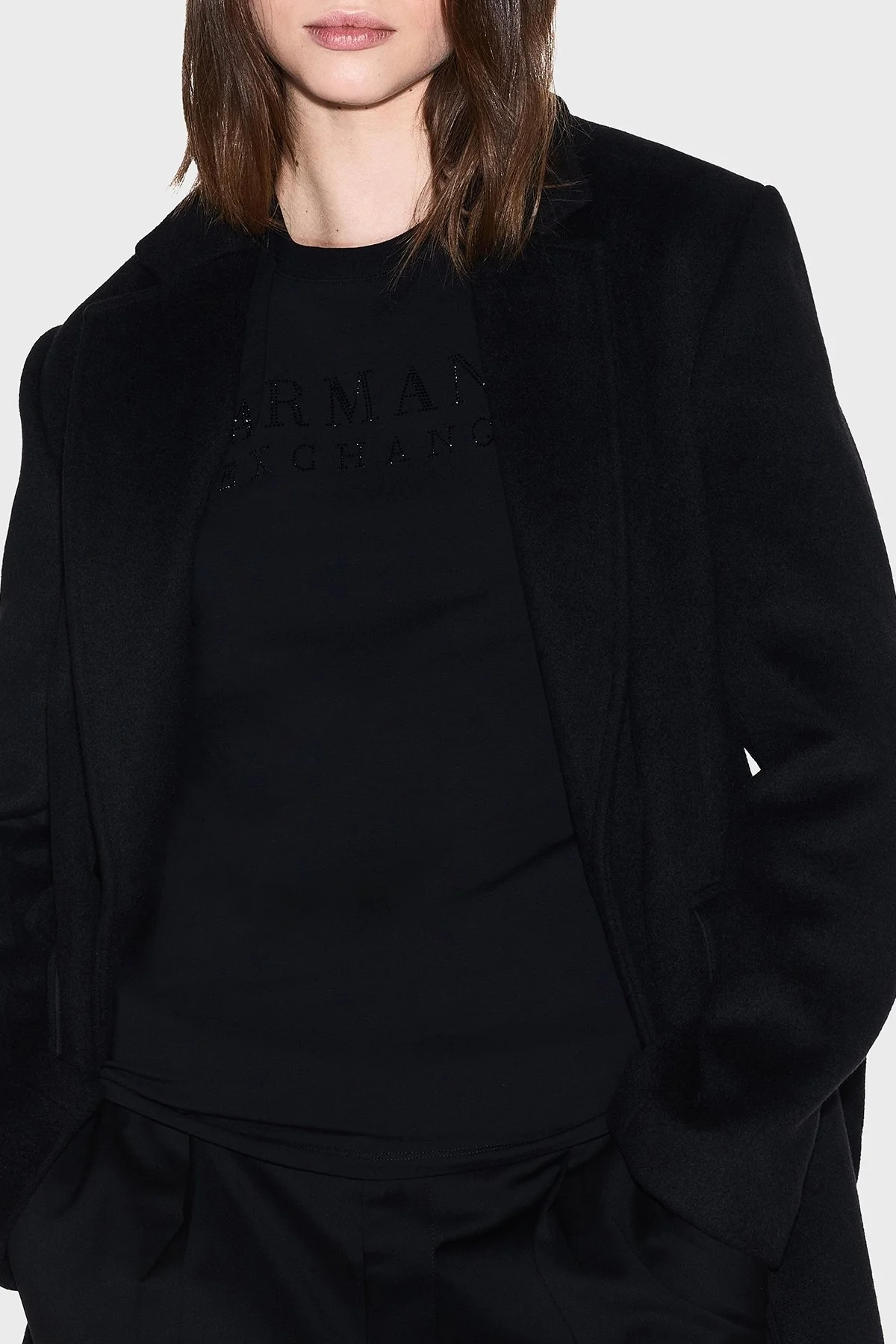 Armani Exchange Taşlı Logolu % 100 Pamuk Slim Bit Bisiklet Yaka Bayan T Shirt XW001349 AF17173 UC001 SİYAH - 3