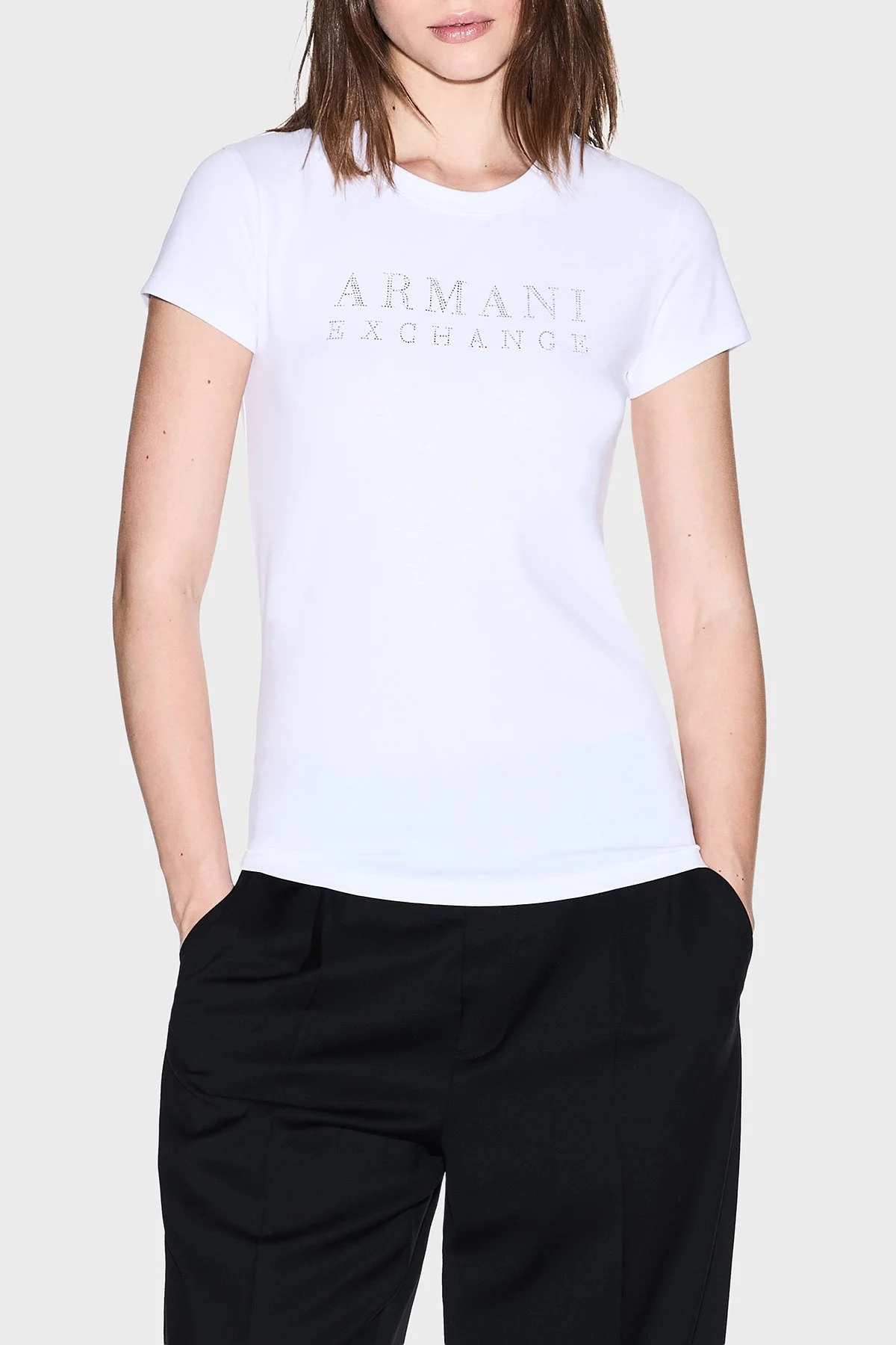 Armani Exchange Taşlı Logolu % 100 Pamuk Slim Fit Bisiklet Yaka Bayan T Shirt XW001349 AF17173 U0002 BEYAZ - 1