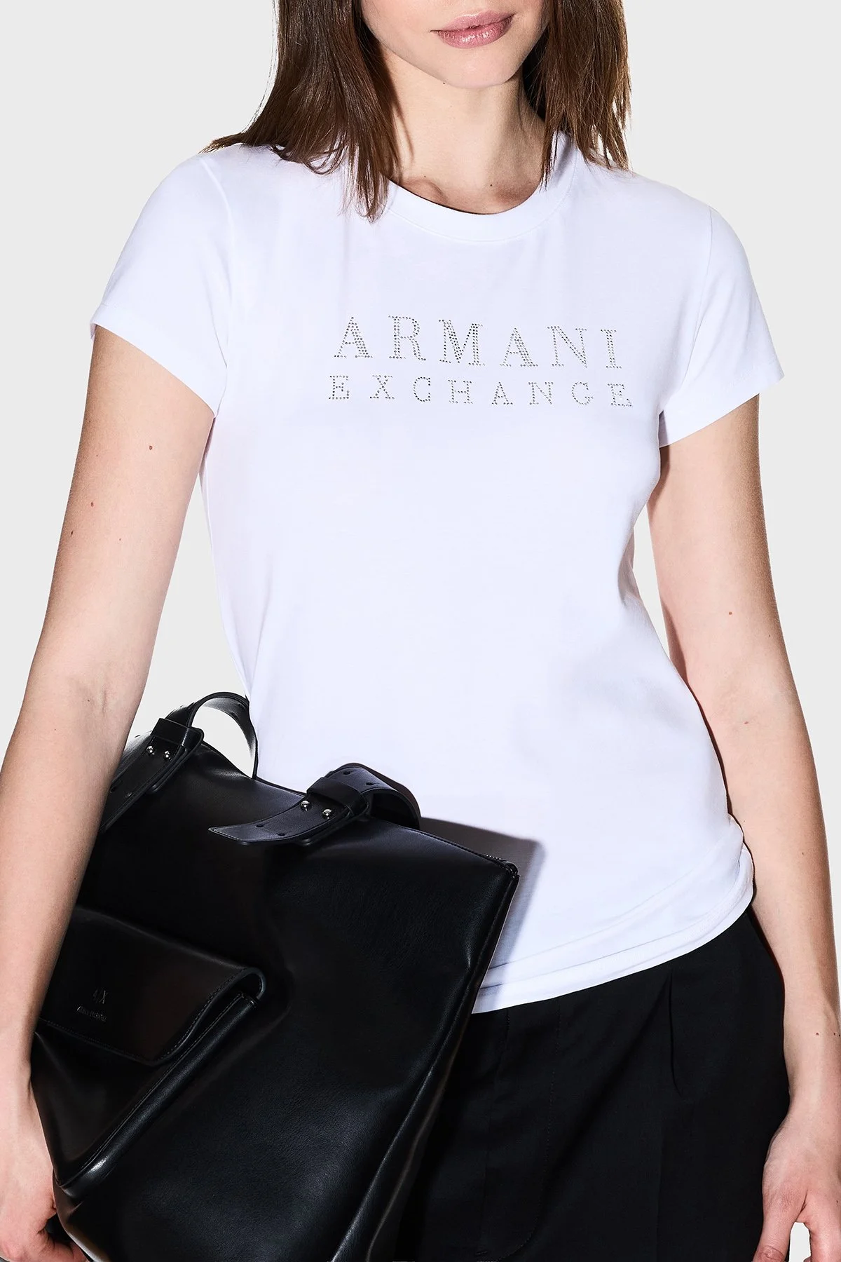 Armani Exchange Taşlı Logolu % 100 Pamuk Slim Fit Bisiklet Yaka Bayan T Shirt XW001349 AF17173 U0002 BEYAZ - 4
