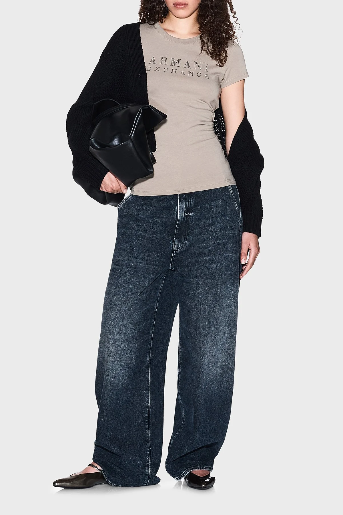 Armani Exchange Taşlı Logolu % 100 Pamuk Slim Fit Bisiklet Yaka Bayan T Shirt XW001349 AF17173 U6242 BEJ - 2