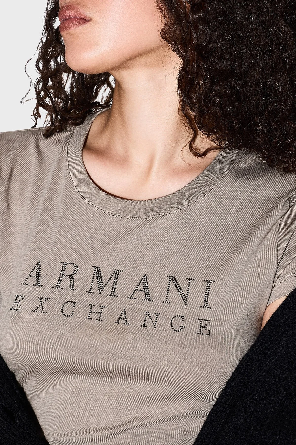Armani Exchange Taşlı Logolu % 100 Pamuk Slim Fit Bisiklet Yaka Bayan T Shirt XW001349 AF17173 U6242 BEJ - 4