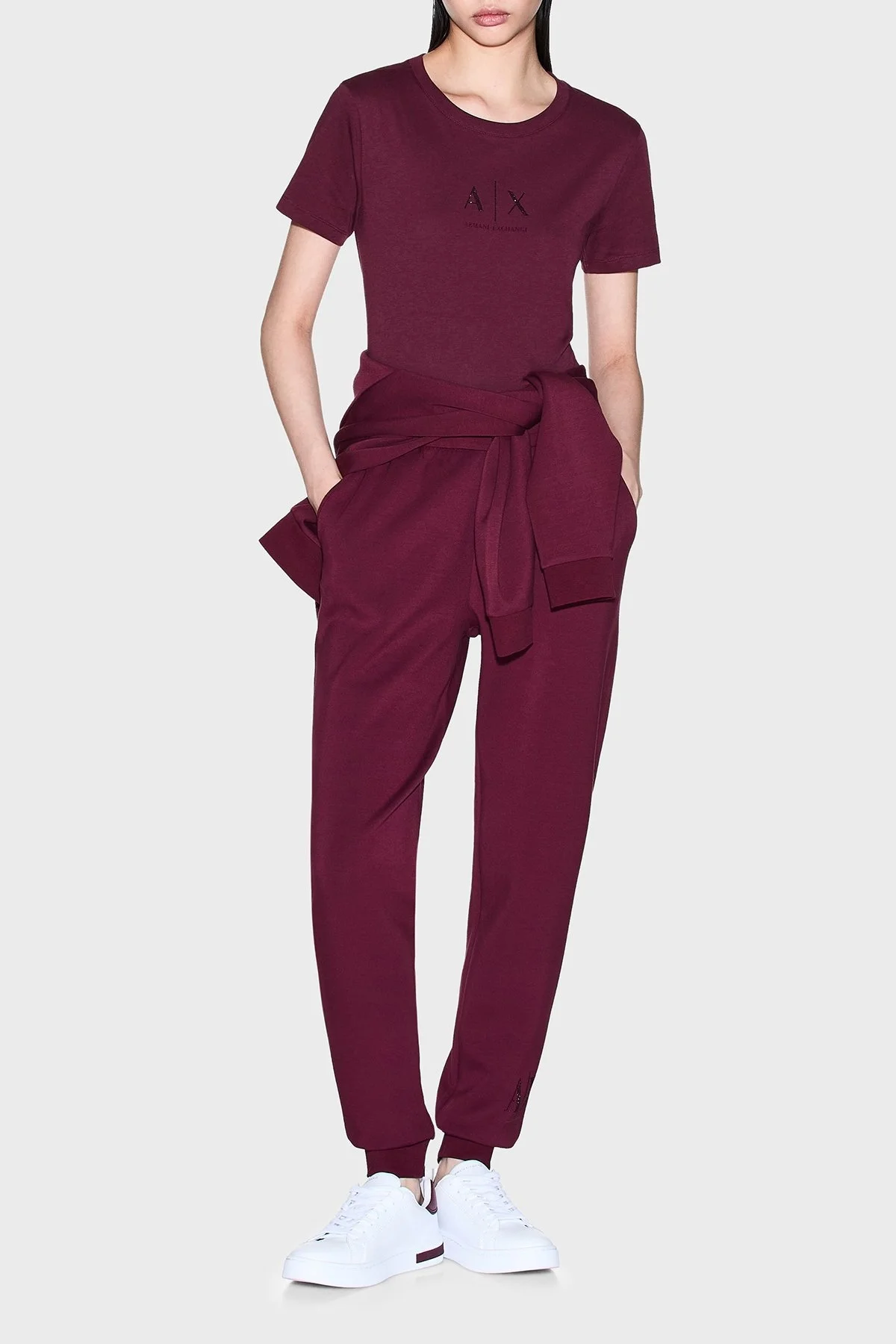 Armani Exchange Taşlı Logolu Pamuklu Slim Fit Bisiklet Yaka Bayan T Shirt XW001459 AF10356 UA343 BORDO - 2