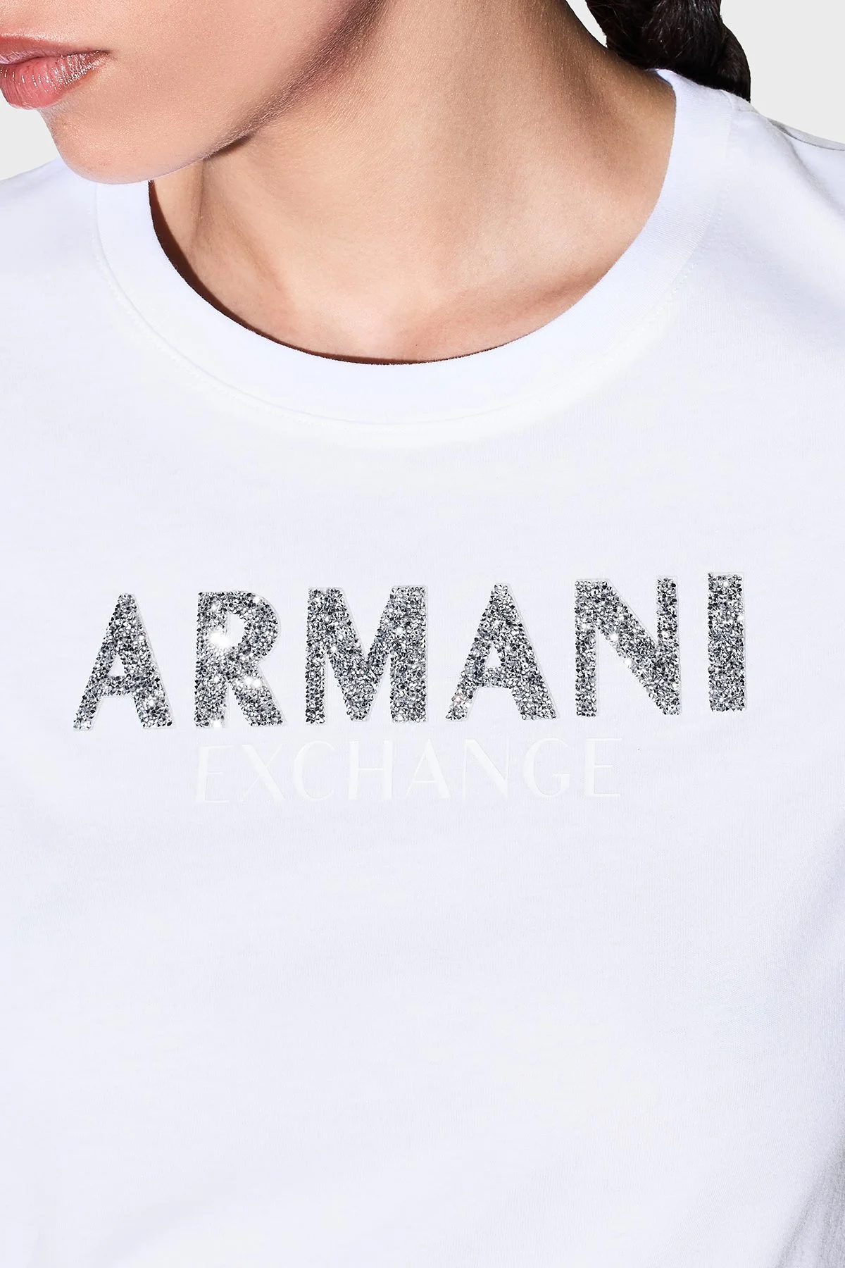 Armani Exchange Taşlı Logolu Pamuklu Slim Fit Bisiklet Yaka Bayan T Shirt XW002106 AF10356 U0002 BEYAZ - 4