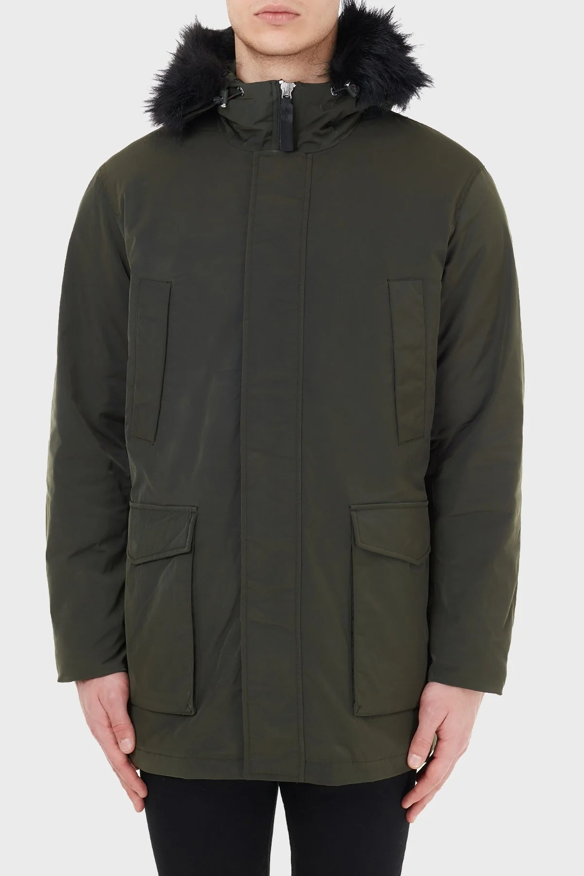 Armani Exchange Yakası Suni Kürklü Kapüşonlu Erkek Kaban 6HZK39 ZNNYZ 1851 HAKİ - 1