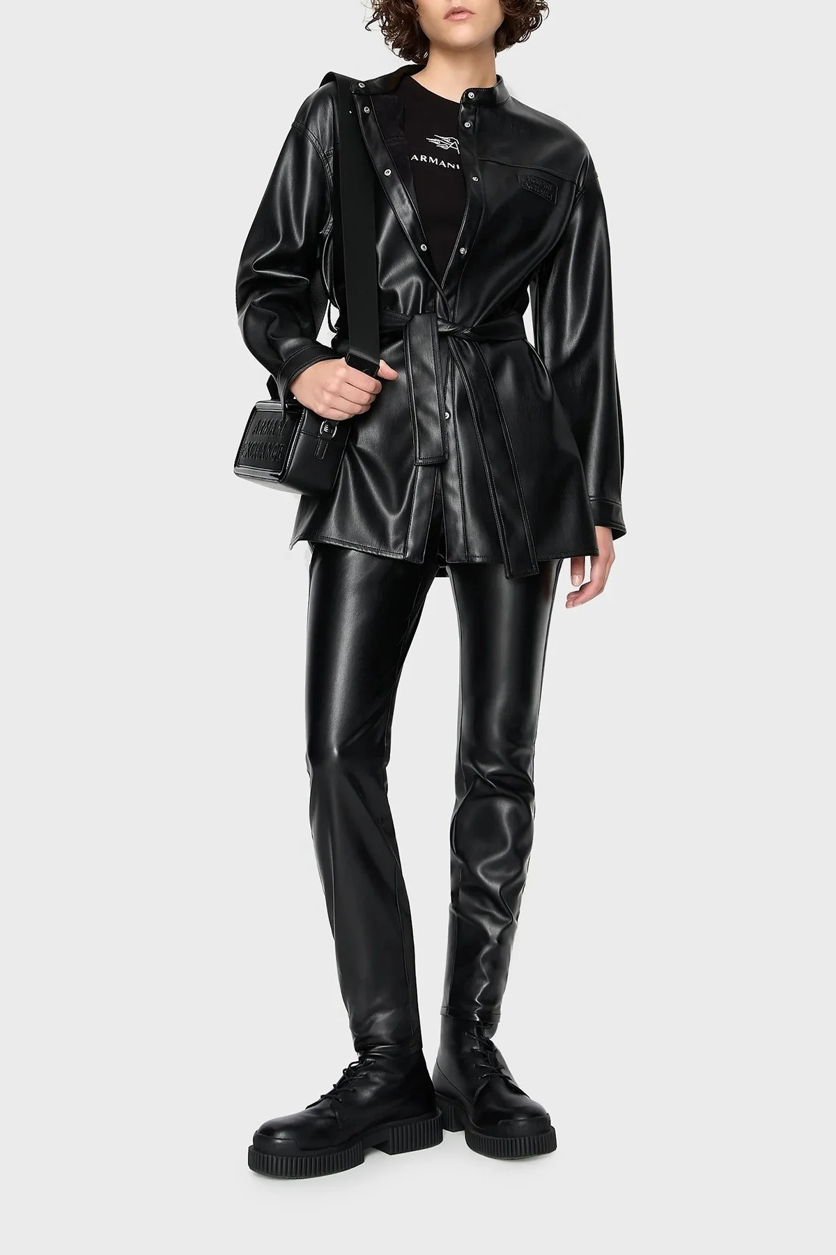 Armani Exchange Yanları Kontrast Çizgili Yüksek Bel Regular Fit Deri Bayan Pantolon 6RYP32 YN8PZ 1200 SİYAH - 1