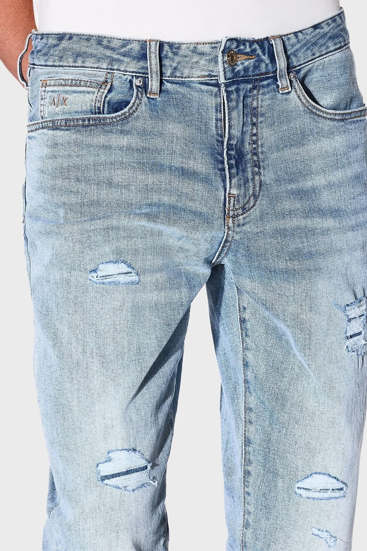Armani Exchange Yırtıklı Streç Pamuklu Skinny Fit Normal Bel Dar Paça Jeans Erkek Kot Pantolon XM000070 AF15188 MB003 AÇIK MAVİ - 9