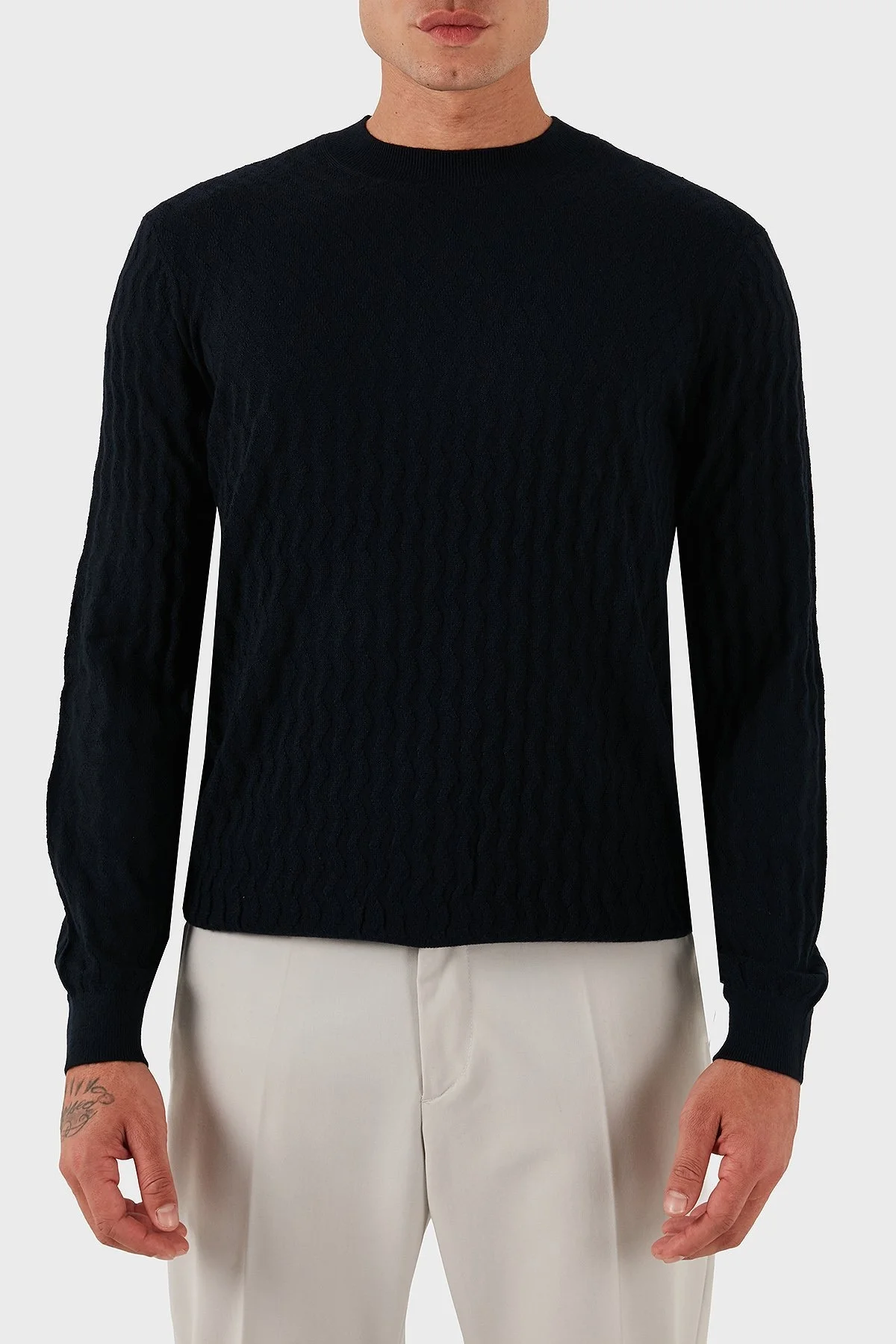 Armani Exchange Yün Karışımlı Regular Fit Bisiklet Yaka Dalgalı Dokuma Erkek Kazak XM001560 AF11982 FB065 LACİVERT - 1