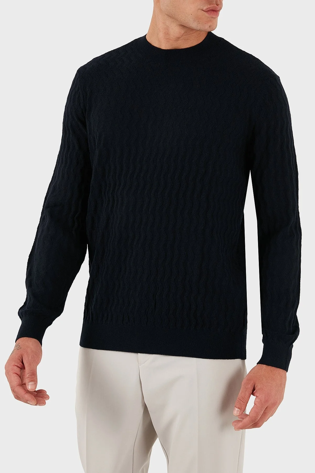 Armani Exchange Yün Karışımlı Regular Fit Bisiklet Yaka Dalgalı Dokuma Erkek Kazak XM001560 AF11982 FB065 LACİVERT - 4